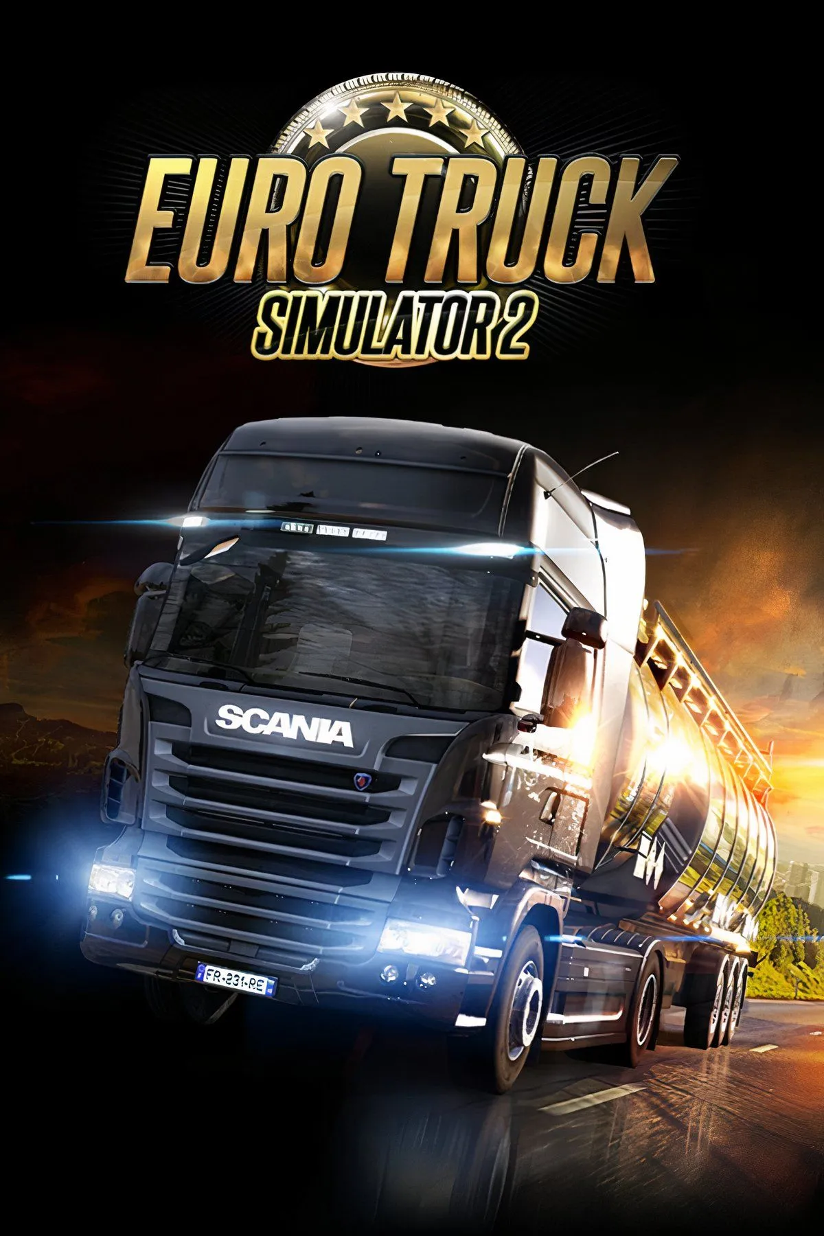 Một chiếc xe tải màu xanh lá cây khổng lồ của Euro Truck Simulator 2 đang lái trên đường cao tốc dưới bầu trời u ám, đèn xe bật sáng
