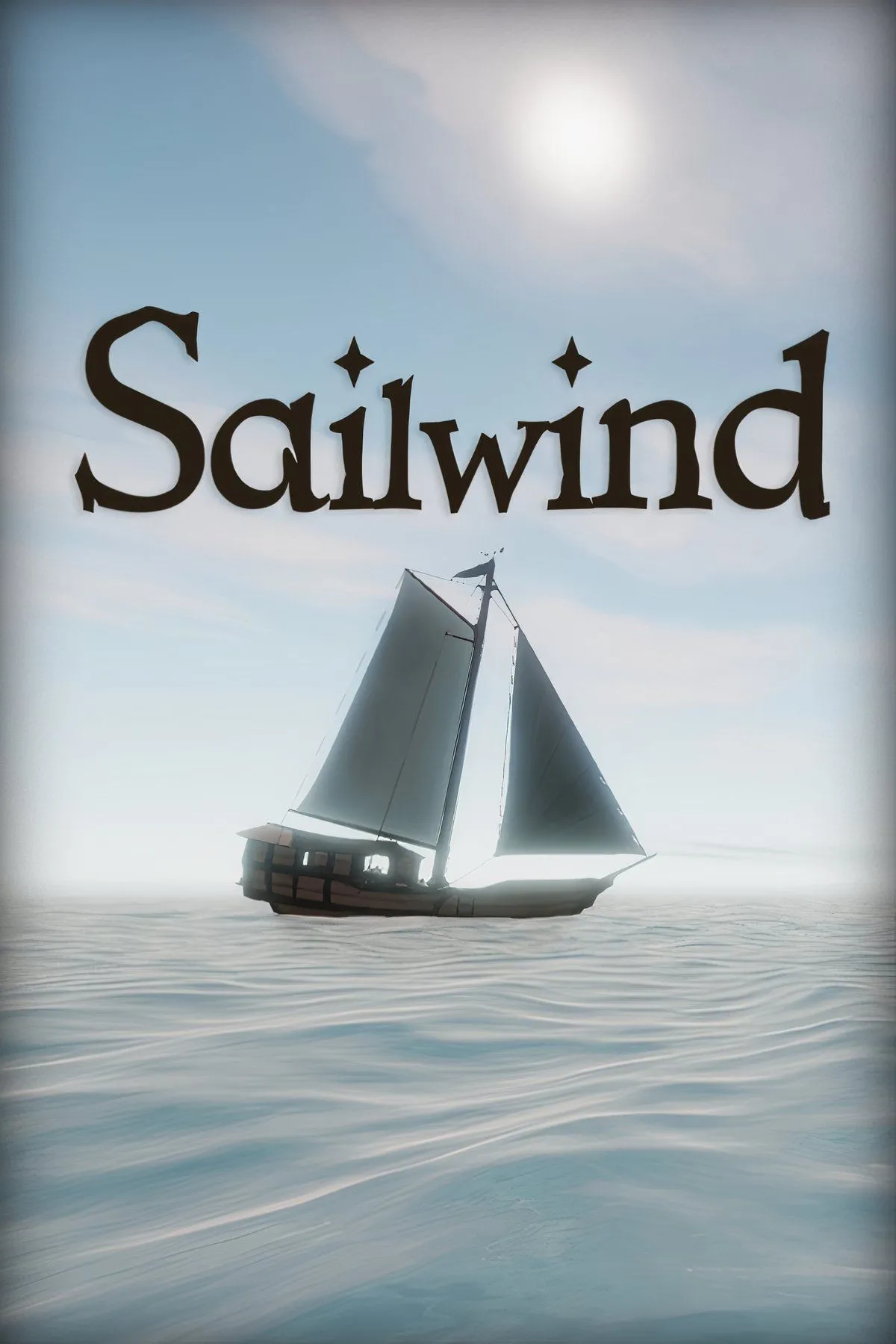Một con thuyền buồm đang lướt trên mặt biển rộng lớn trong game Sailwind, bầu trời xanh và một hòn đảo nhỏ phía xa, thể hiện sự cô độc của hải trình