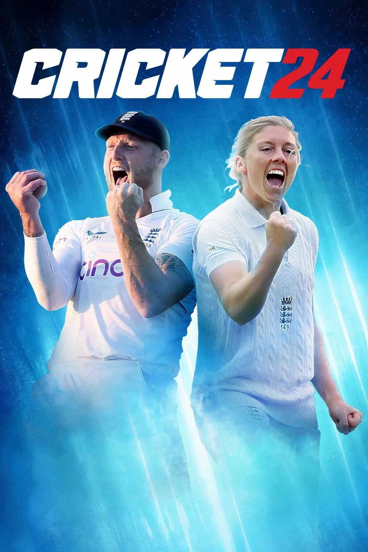 Một người chơi cricket đang chuẩn bị đánh bóng trong game Cricket 24, với đồ họa chân thực và chi tiết sân cỏ.
