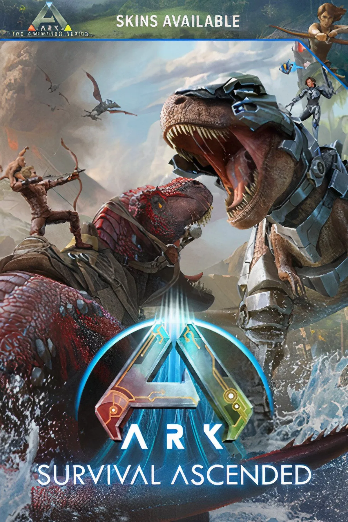 Một người chơi cưỡi khủng long bay trên một hòn đảo xanh tươi trong Ark: Survival Ascended