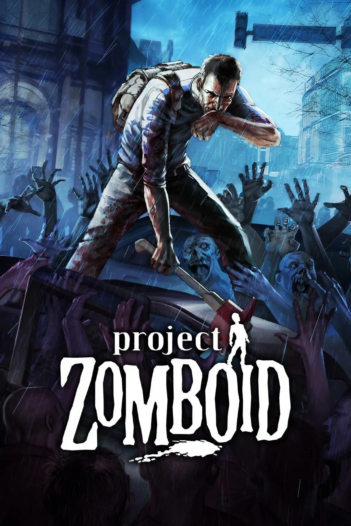 Một nhân vật đang chiến đấu với một đám zombie trong Project Zomboid
