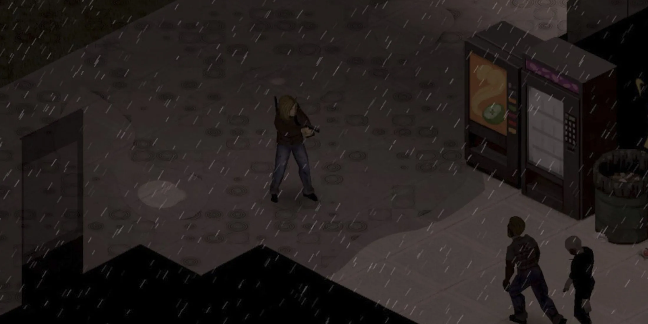 Một nhân vật đang đứng trong một nhà kho bị tàn phá với zombie ở phía xa trong Project Zomboid