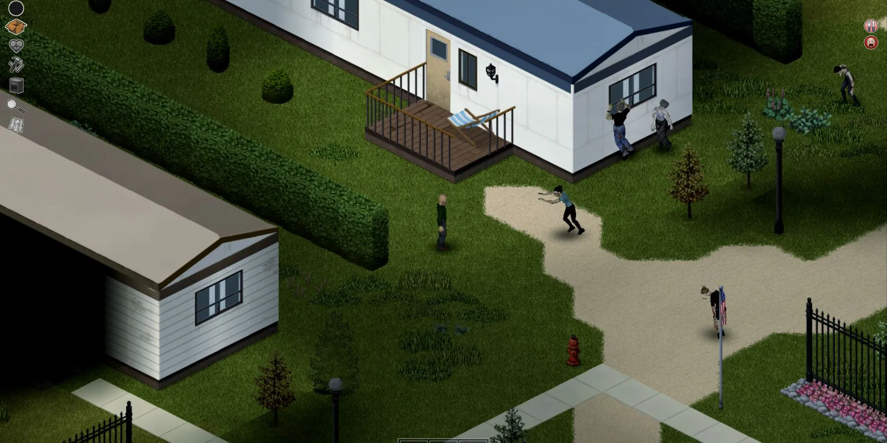 Một nhân vật đang khám phá công viên xe kéo trong khi zombie tiến đến trong Project Zomboid