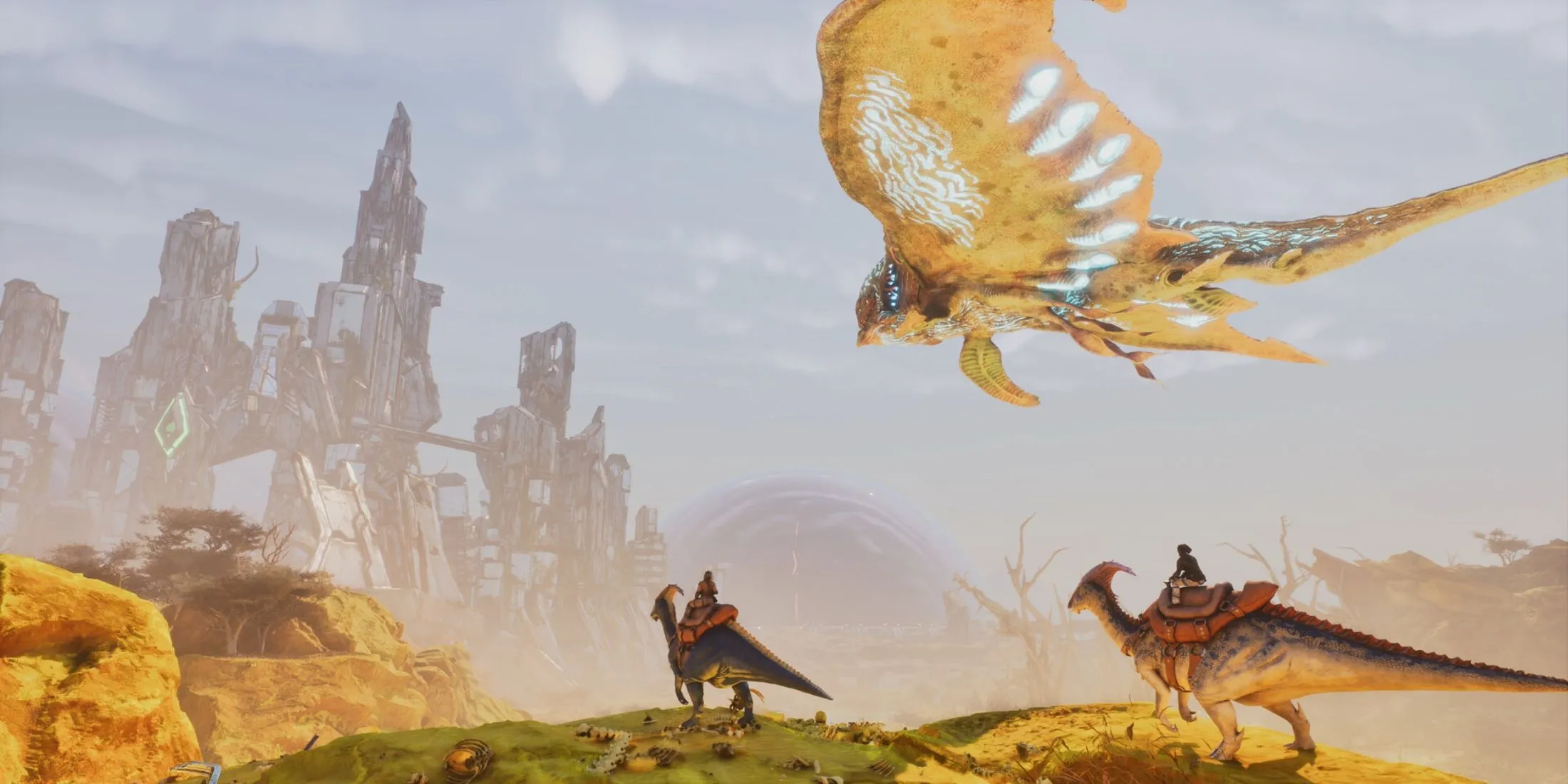 Một nhóm sinh vật tiền sử khác nhau đứng trên một đồng cỏ trong Ark: Survival Ascended