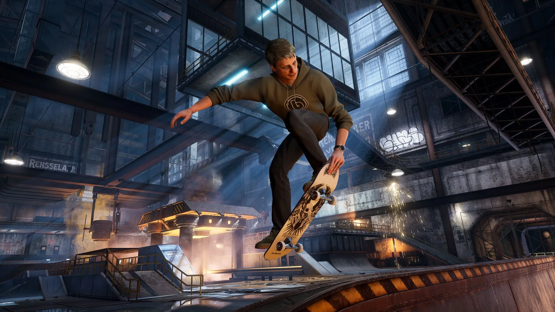 Một skater đang thực hiện động tác grind trên thanh lan can trong Tony Hawk's Pro Skater 3+4 với đồ họa 4K sắc nét