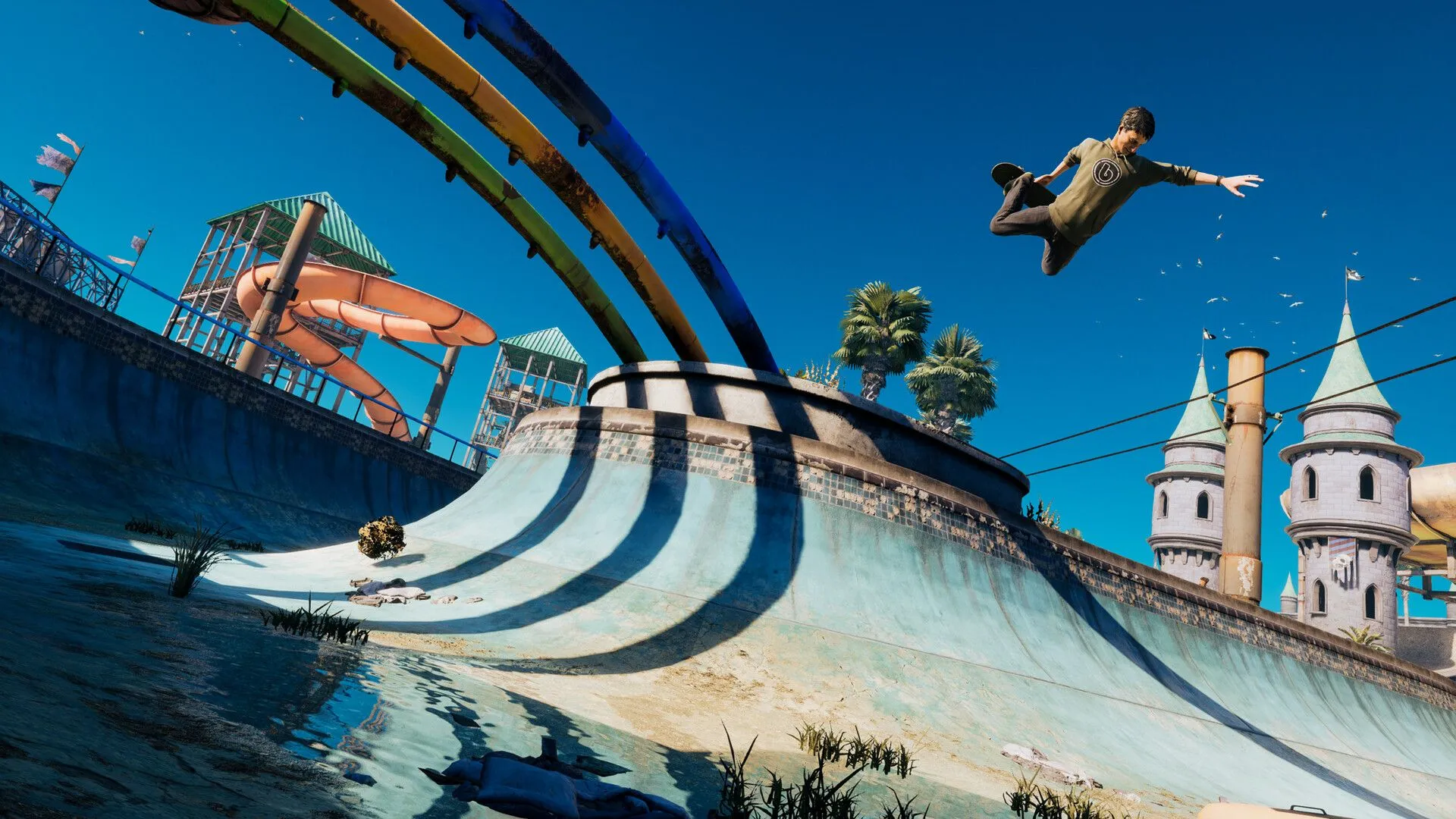 Một skater đang thực hiện pha nhào lộn trên không trung, thể hiện lối chơi sôi động của Tony Hawk's Pro Skater 3 + 4