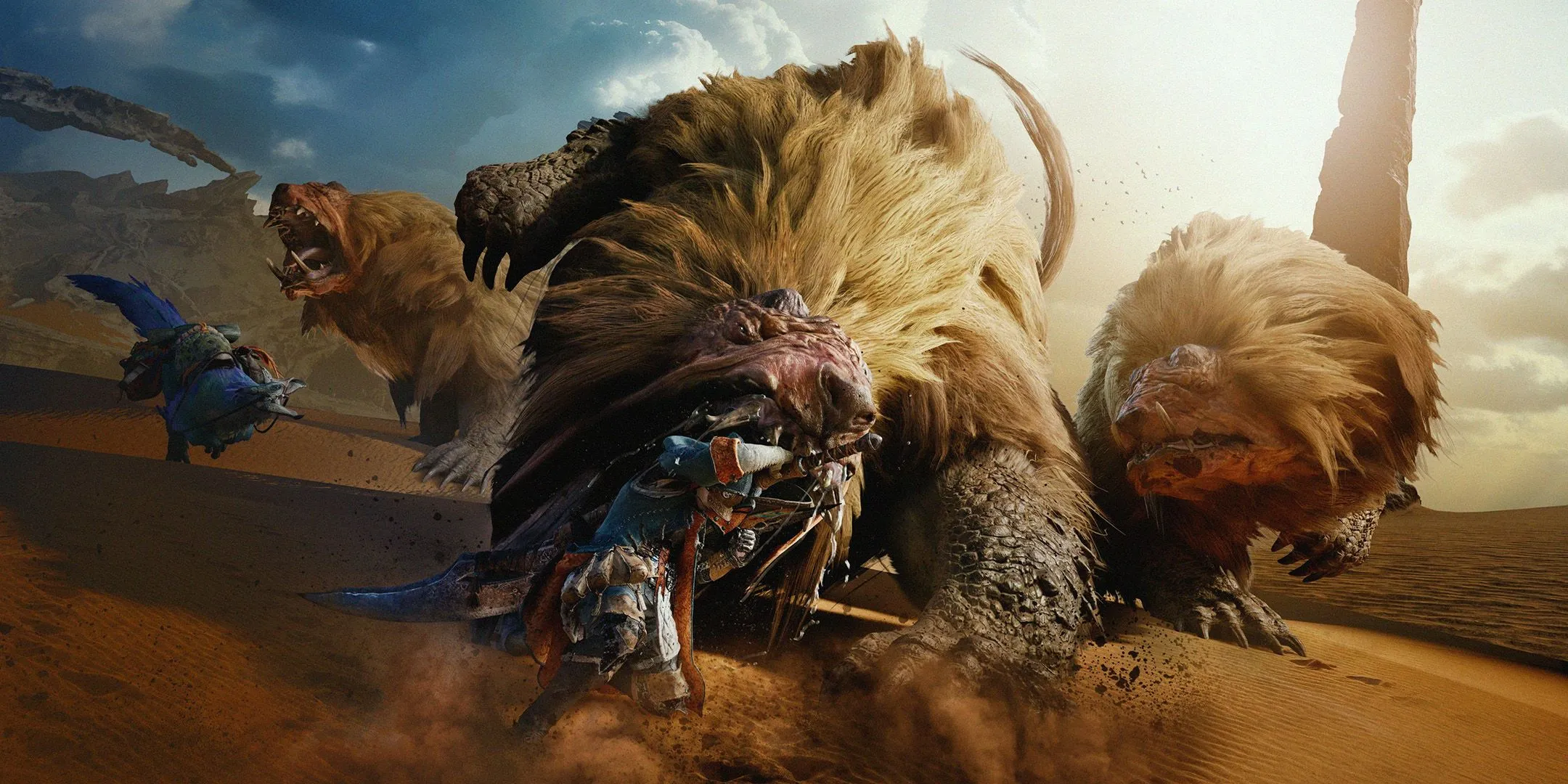 Một thợ săn đang chiến đấu với quái vật khổng lồ trong Monster Hunter Wilds