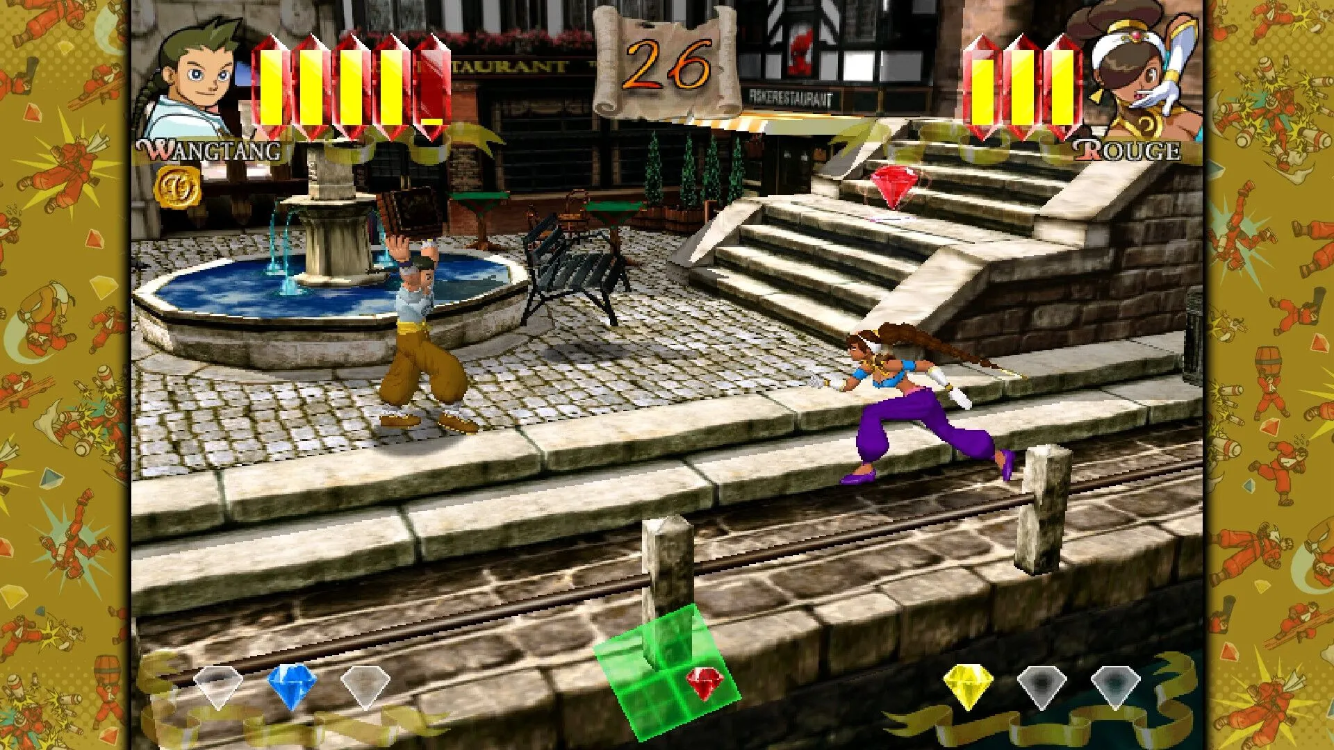 Một trận đấu đối kháng diễn ra trên màn hình với giao diện game cổ điển được tái hiện