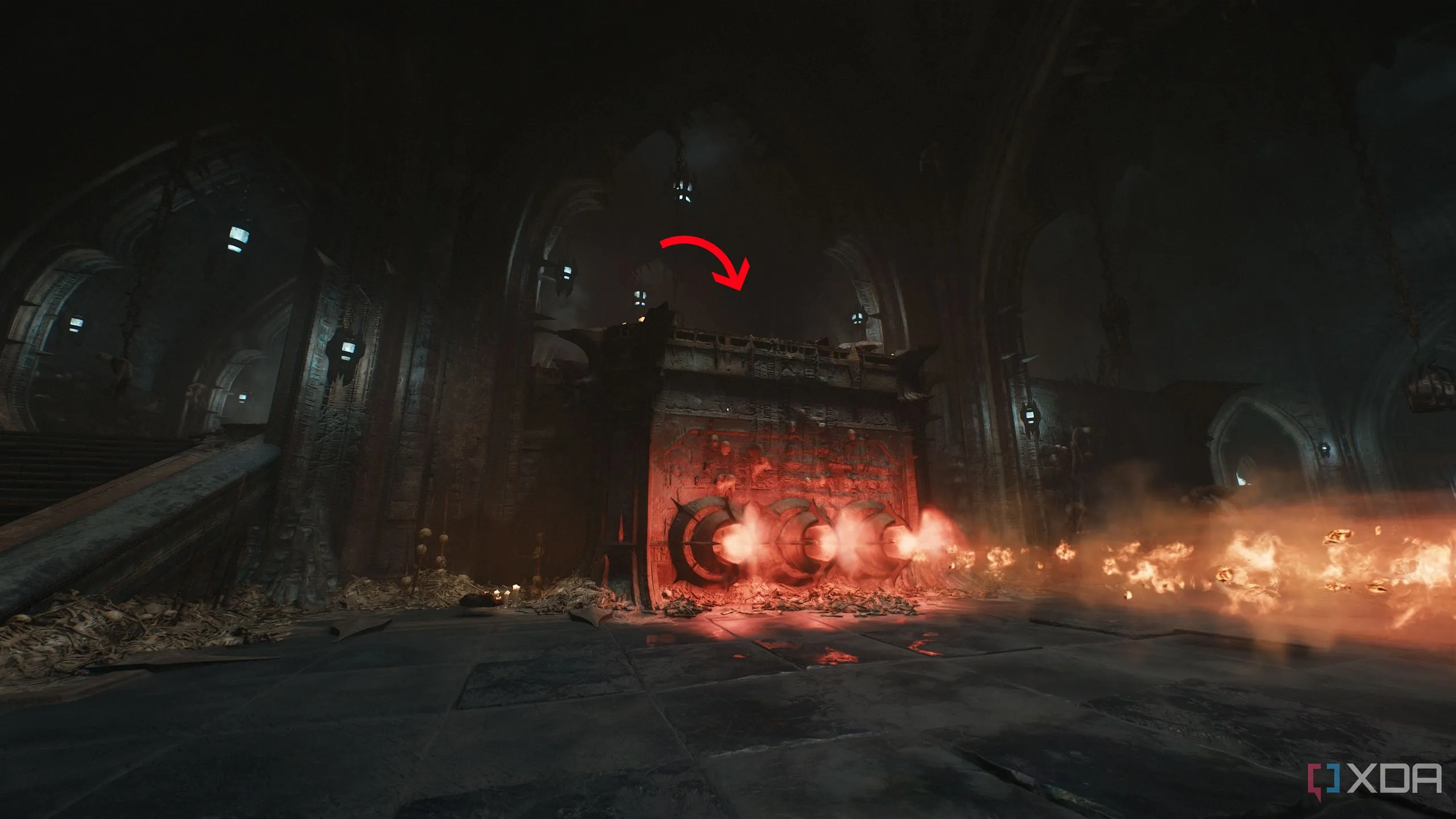 Mũi tên chỉ lên đỉnh máy phun lửa và platform của Arachnotron trong Chương 19 Doom The Dark Ages