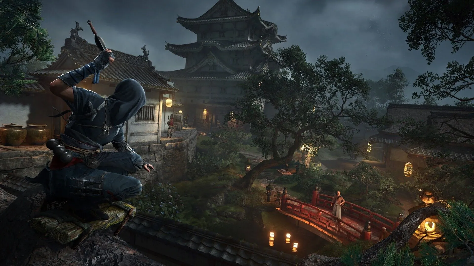 Naoe ẩn mình trong bóng tối, chuẩn bị ám sát trong Assassin's Creed Shadows