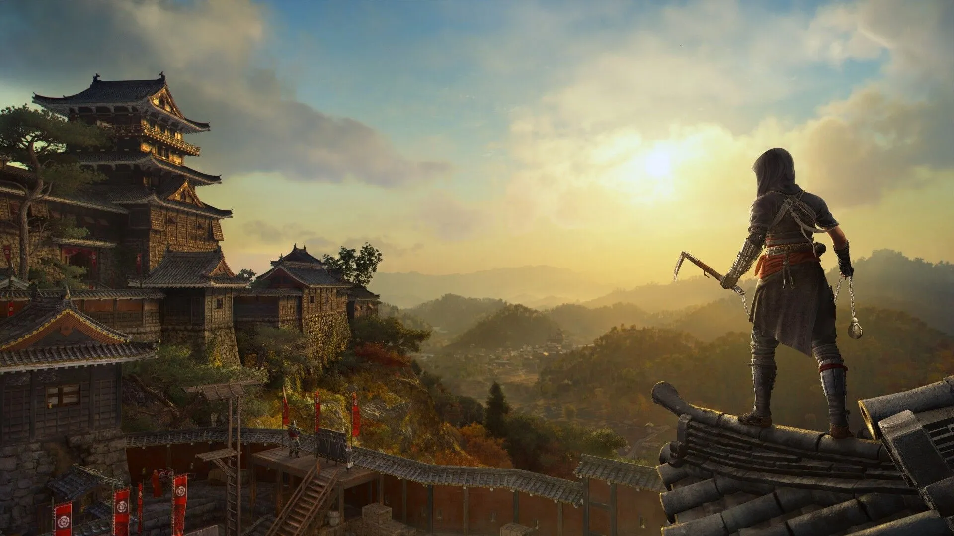 Naoe thực hiện kỹ năng parkour trên một ngôi đền trong Assassin's Creed Shadows