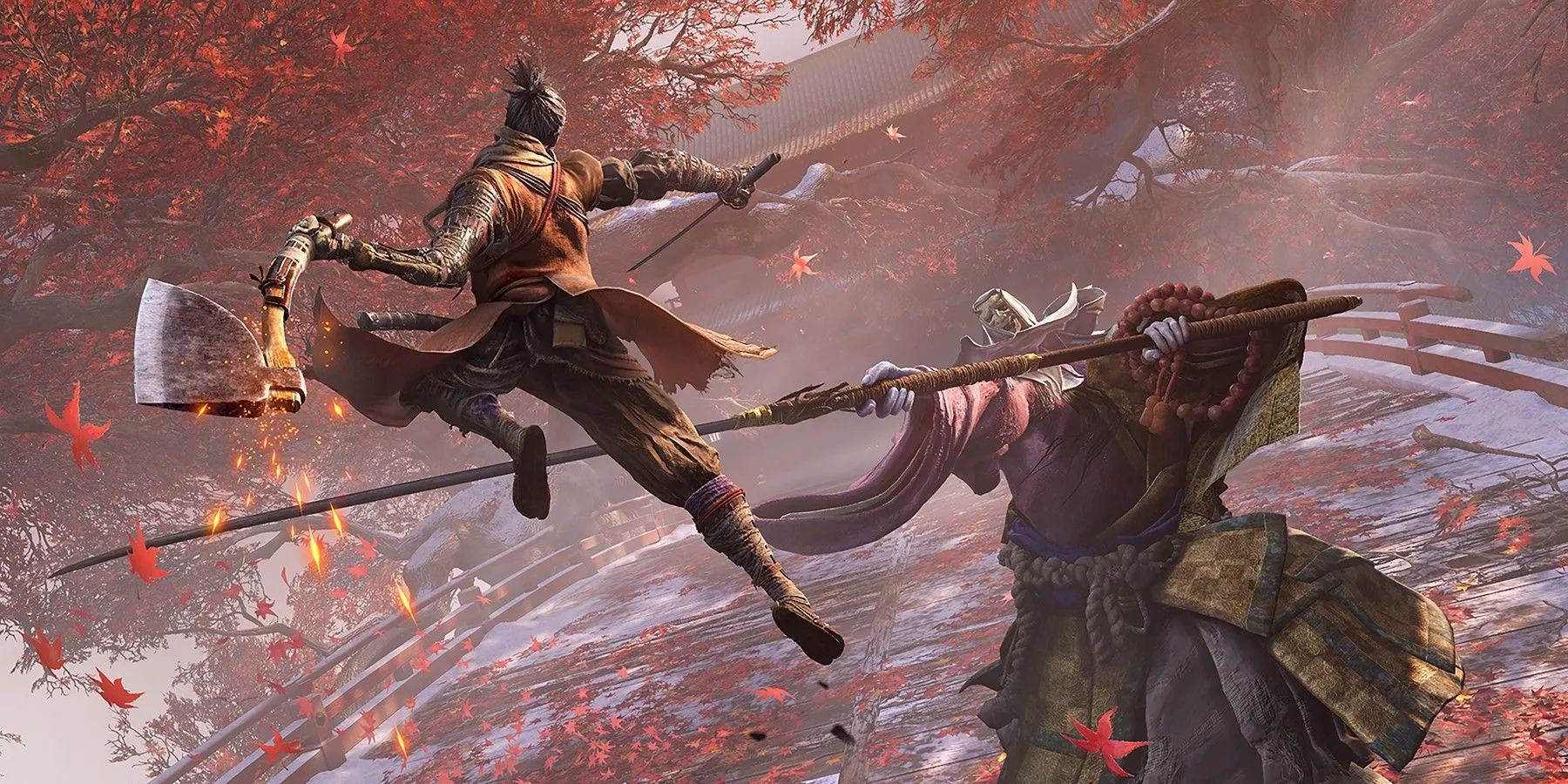 Nghệ thuật chủ đạo của Sekiro: Shadows Die Twice, thể hiện Shinobi Wolf tấn công kẻ thù thầy tu khổng lồ trong một pha hành động kịch tính, đại diện cho những tựa game đỉnh cao.