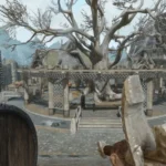 Người chơi Skyrim trong bộ giáp, cầm kiếm và khiên, đứng giữa một thị trấn cổ điển, minh họa cho mod nâng cấp hệ thống chiến đấu.