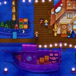 Người chơi Stardew Valley chạy trên bến tàu vào ban đêm