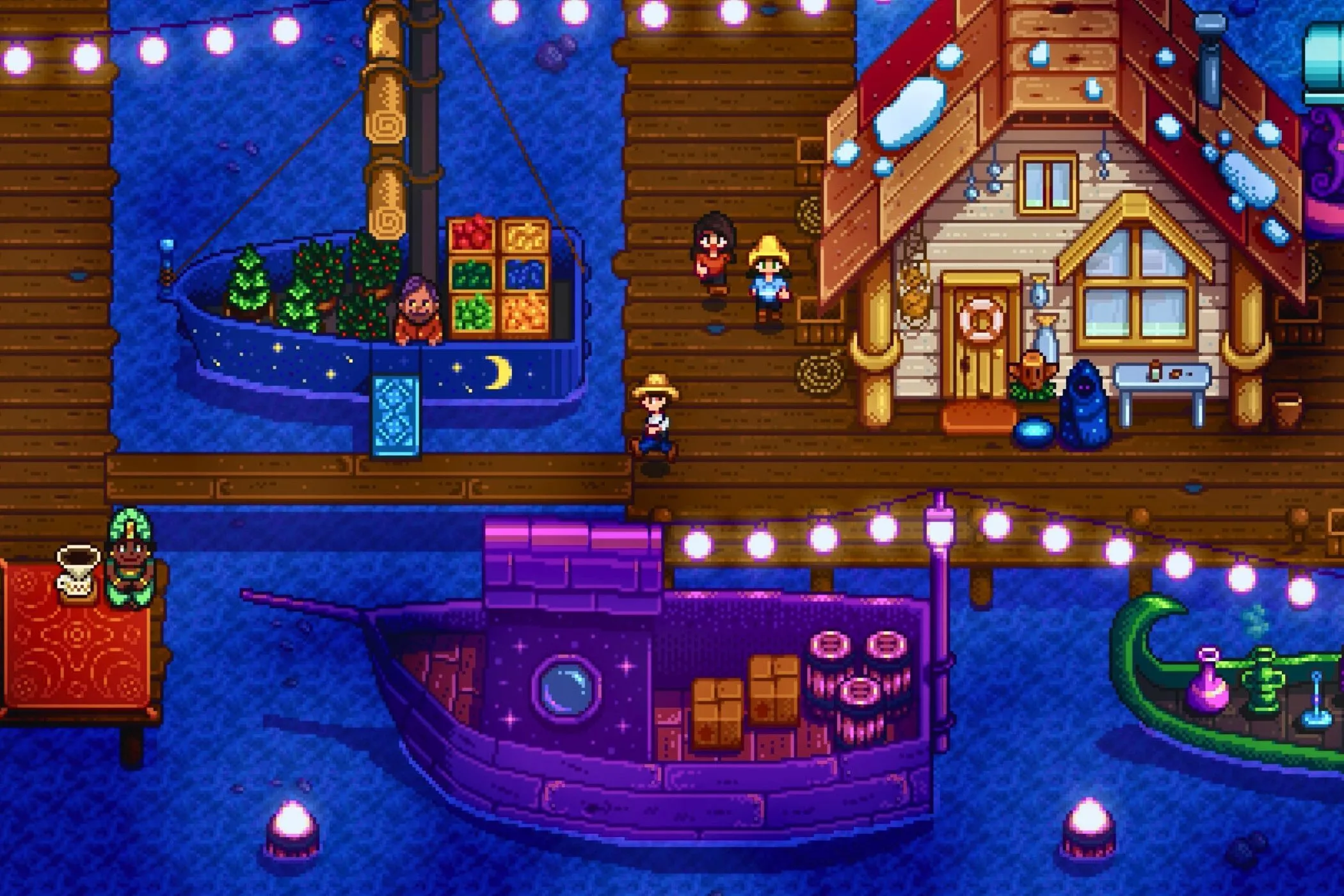 Người chơi Stardew Valley chạy trên bến tàu vào ban đêm