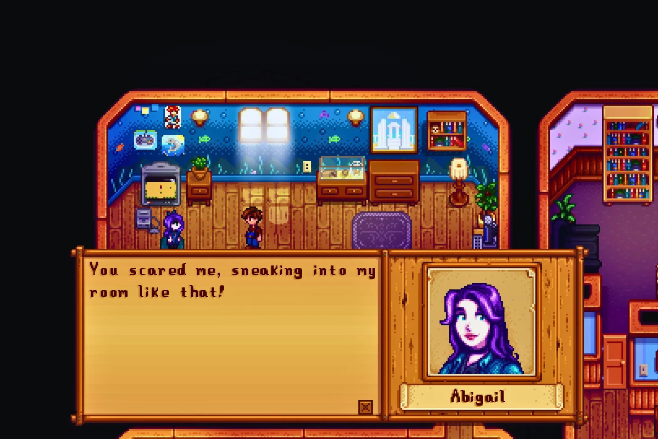 Người chơi Stardew Valley nói chuyện với Abigail trong nhà cô ấy