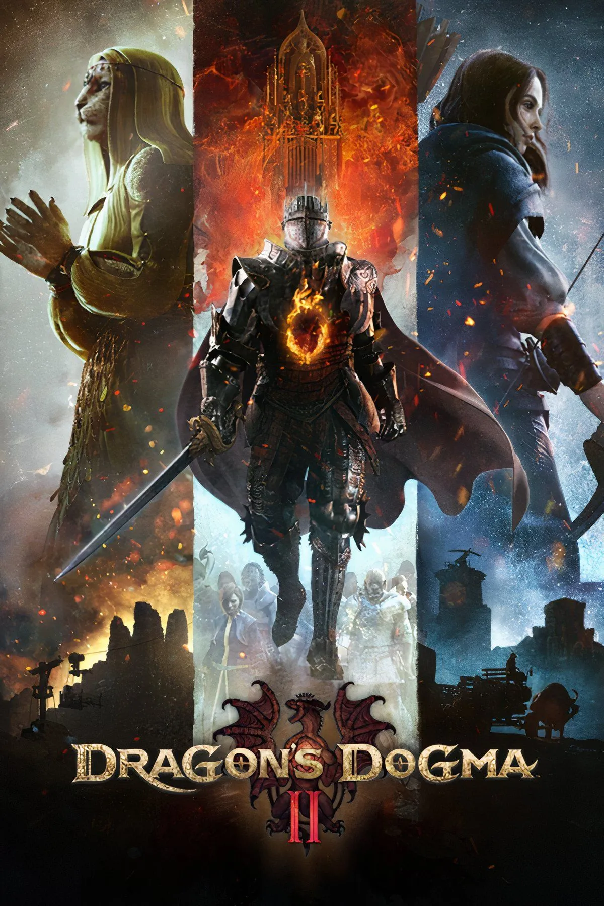 Nhân vật Arisen cùng các Pawns chiến đấu với quái vật khổng lồ trong Dragon's Dogma 2.