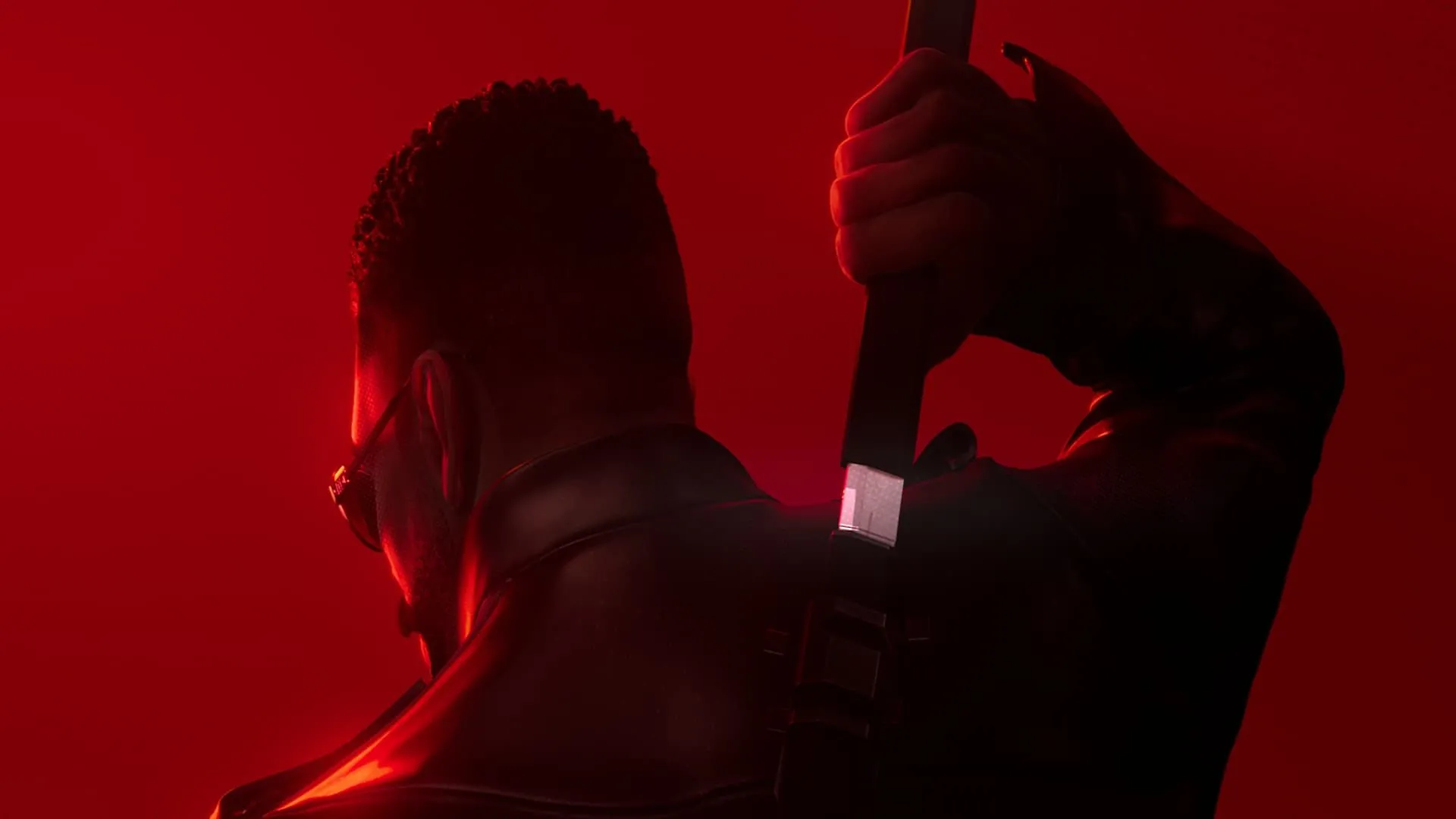 Nhân vật Blade huyền thoại với thanh kiếm đặc trưng, tạo dáng trong trò chơi Marvel's Blade của Arkane Studio.