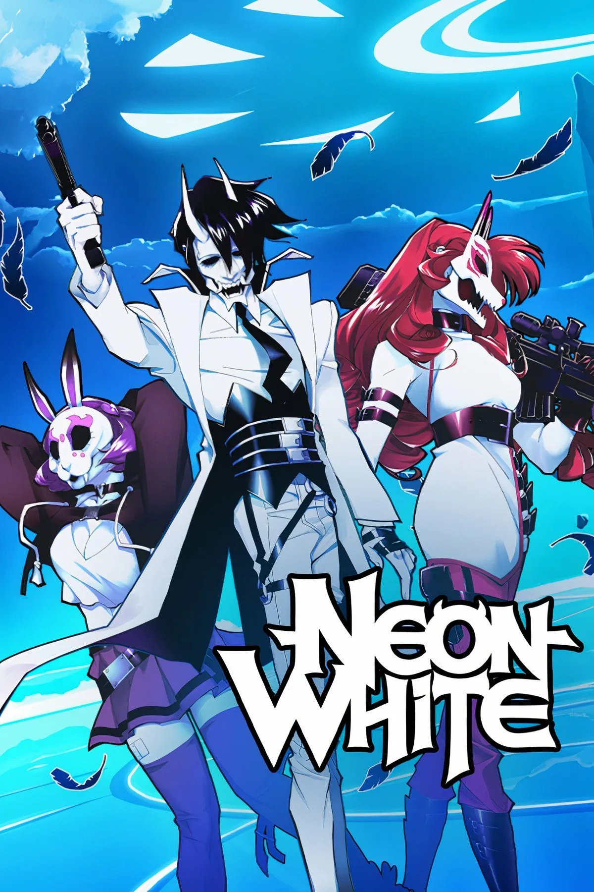 Nhân vật chính Neon White trong tư thế bắn súng, phong cách anime.