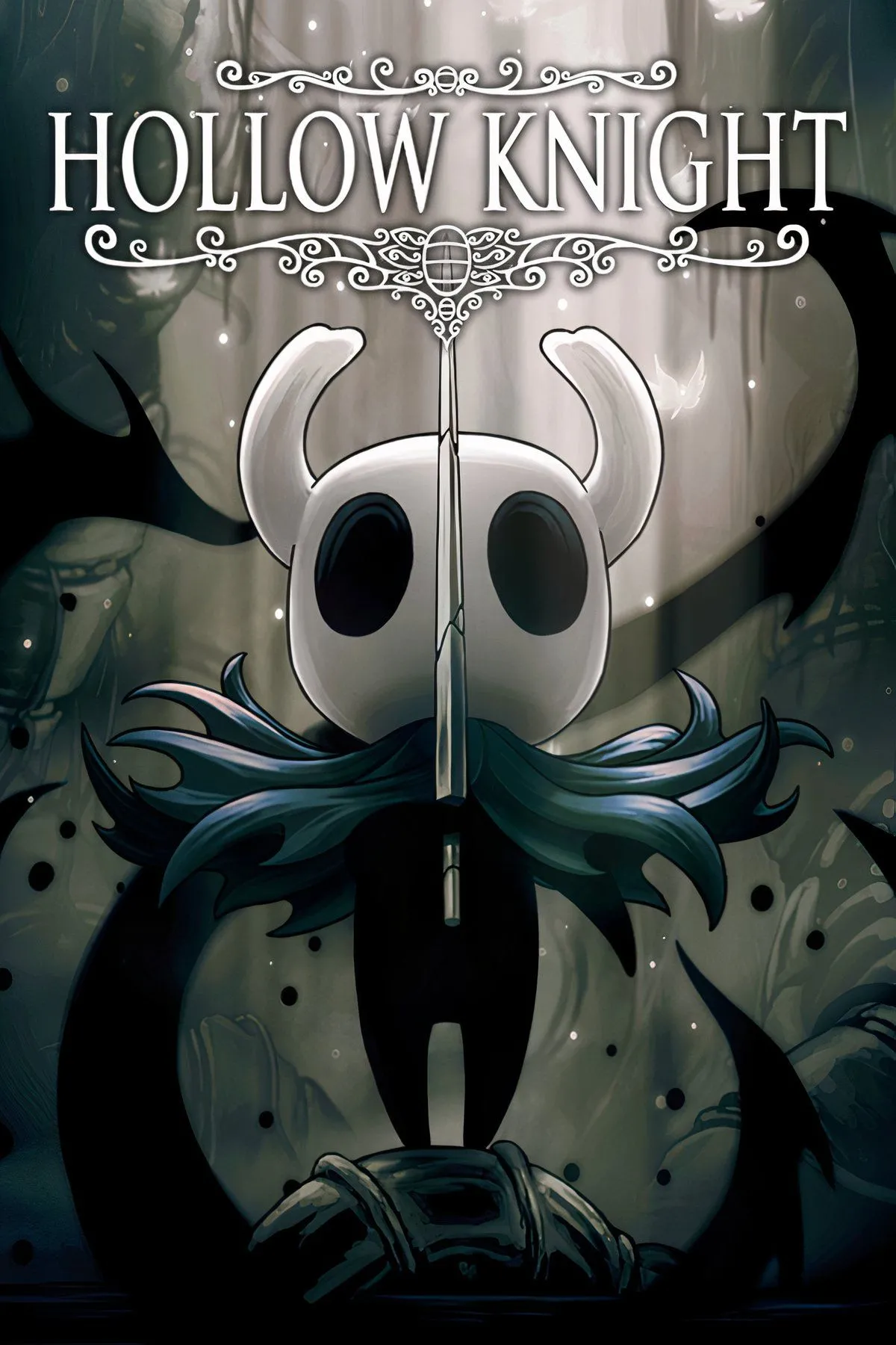 Nhân vật Hollow Knight đứng trên một nền tảng nhìn ra cảnh quan vương quốc côn trùng vẽ tay rộng lớn
