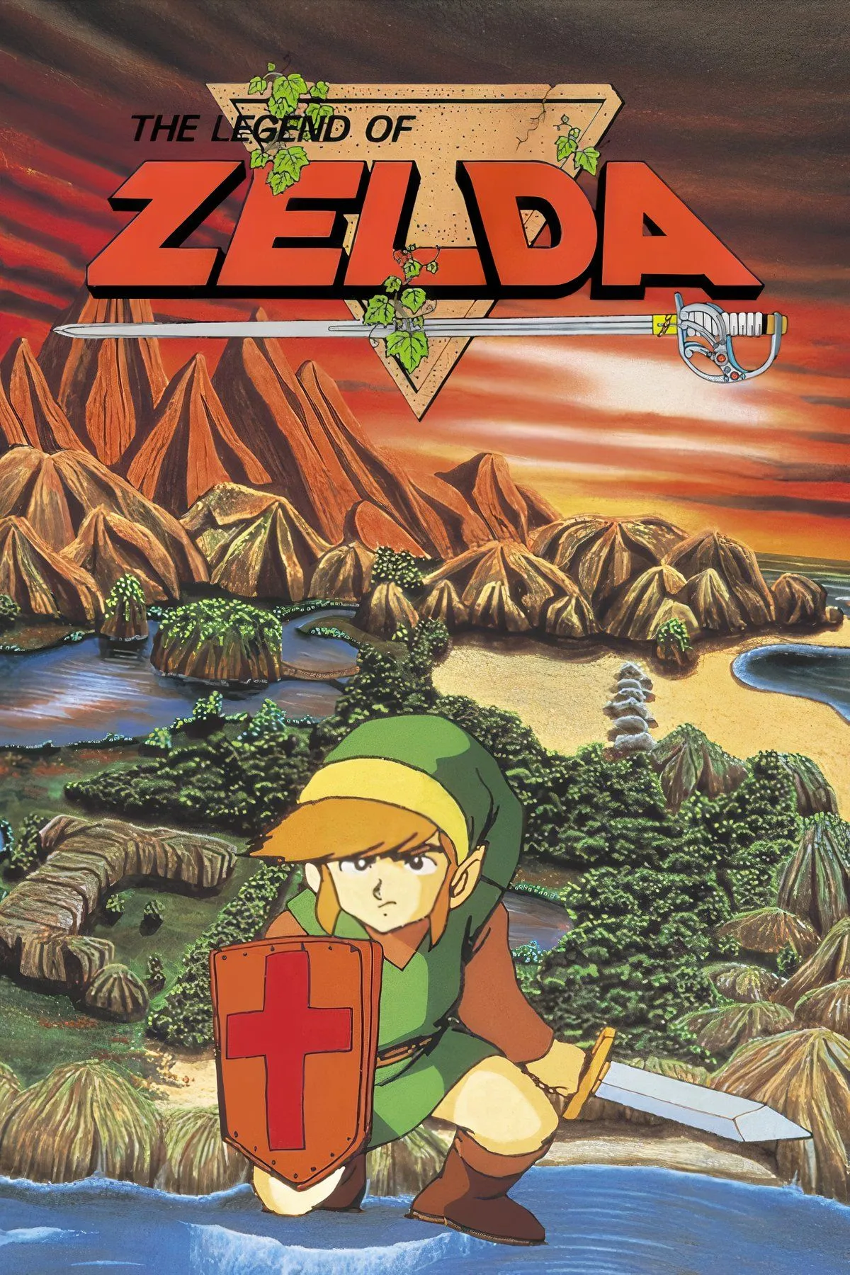 Nhân vật Link khám phá bản đồ thế giới mở của tựa game The Legend of Zelda trên NES
