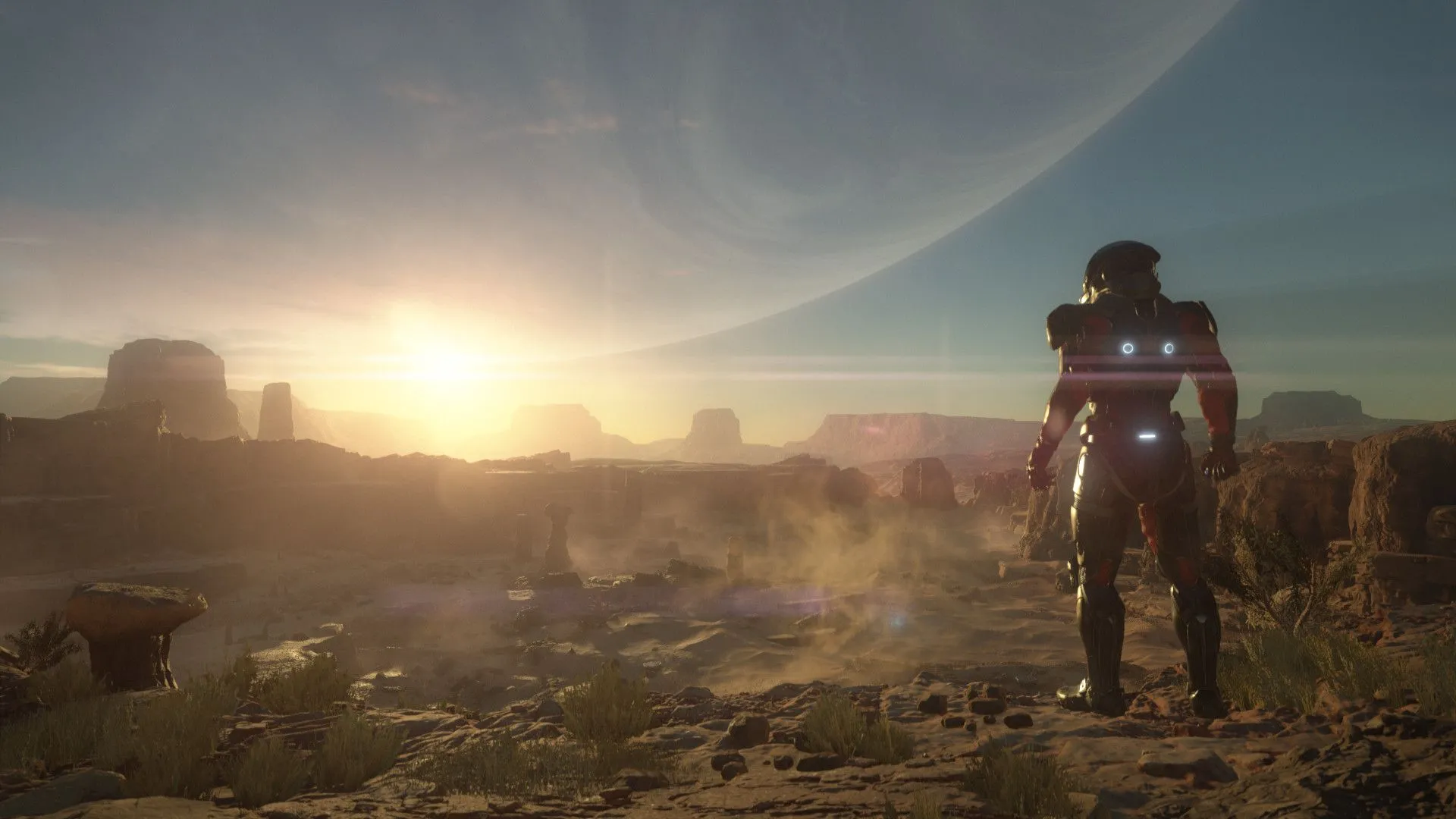 Nhân vật nhìn vào hoàng hôn trên hành tinh xa lạ trong Mass Effect Andromeda