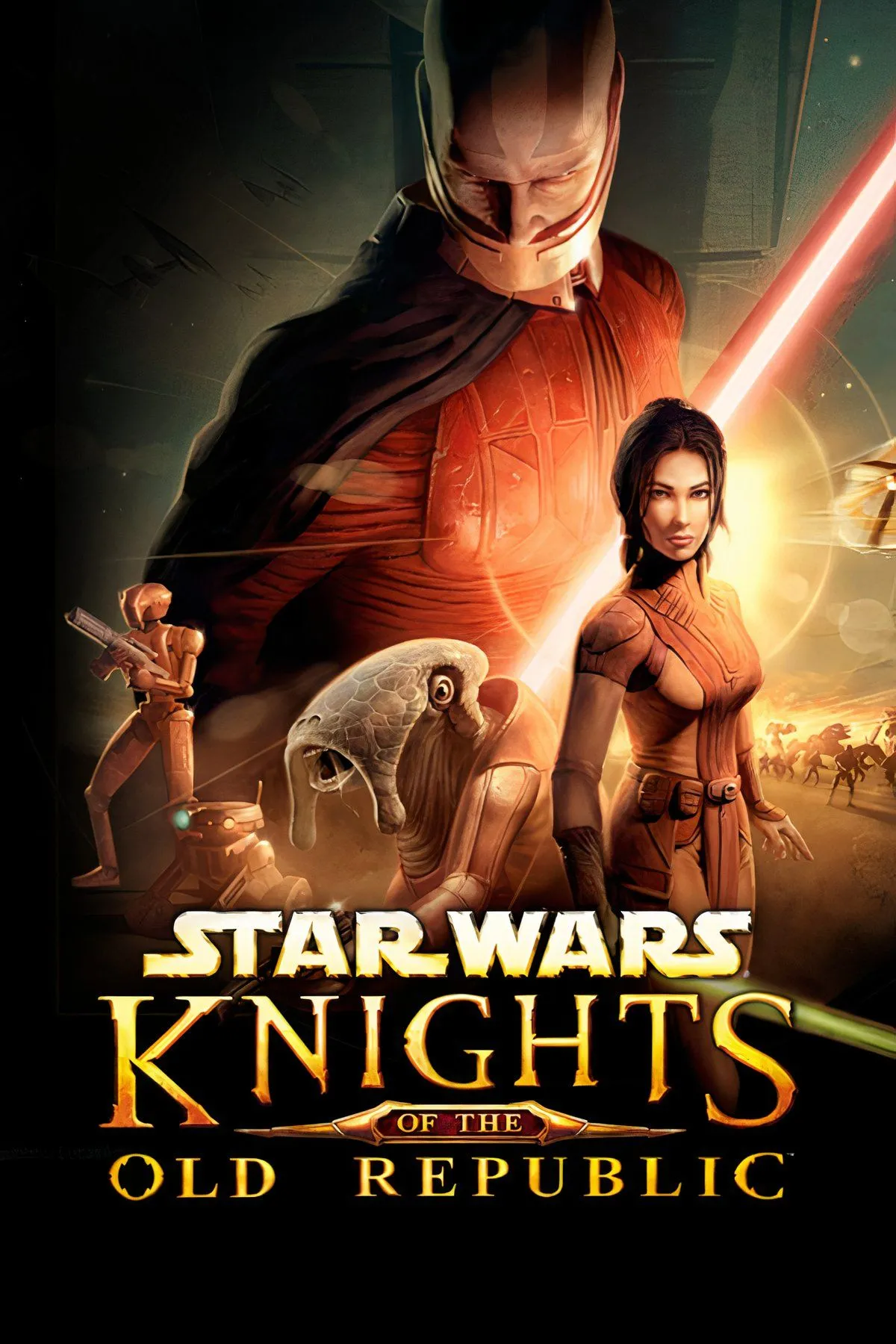 Nhân vật và đồng đội đang chiến đấu với ánh sáng kiếm trong Star Wars: Knights of the Old Republic