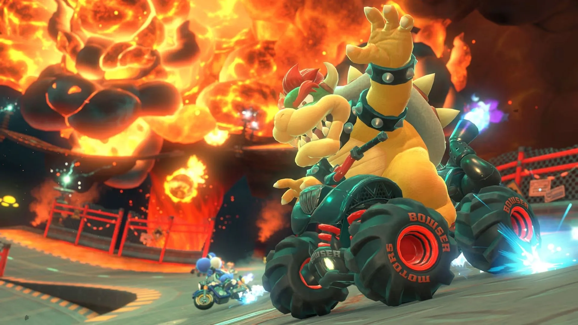 Nhóm nhân vật Mario Kart World đang đua trên đường ray xe lửa ở khu vực núi tuyết.