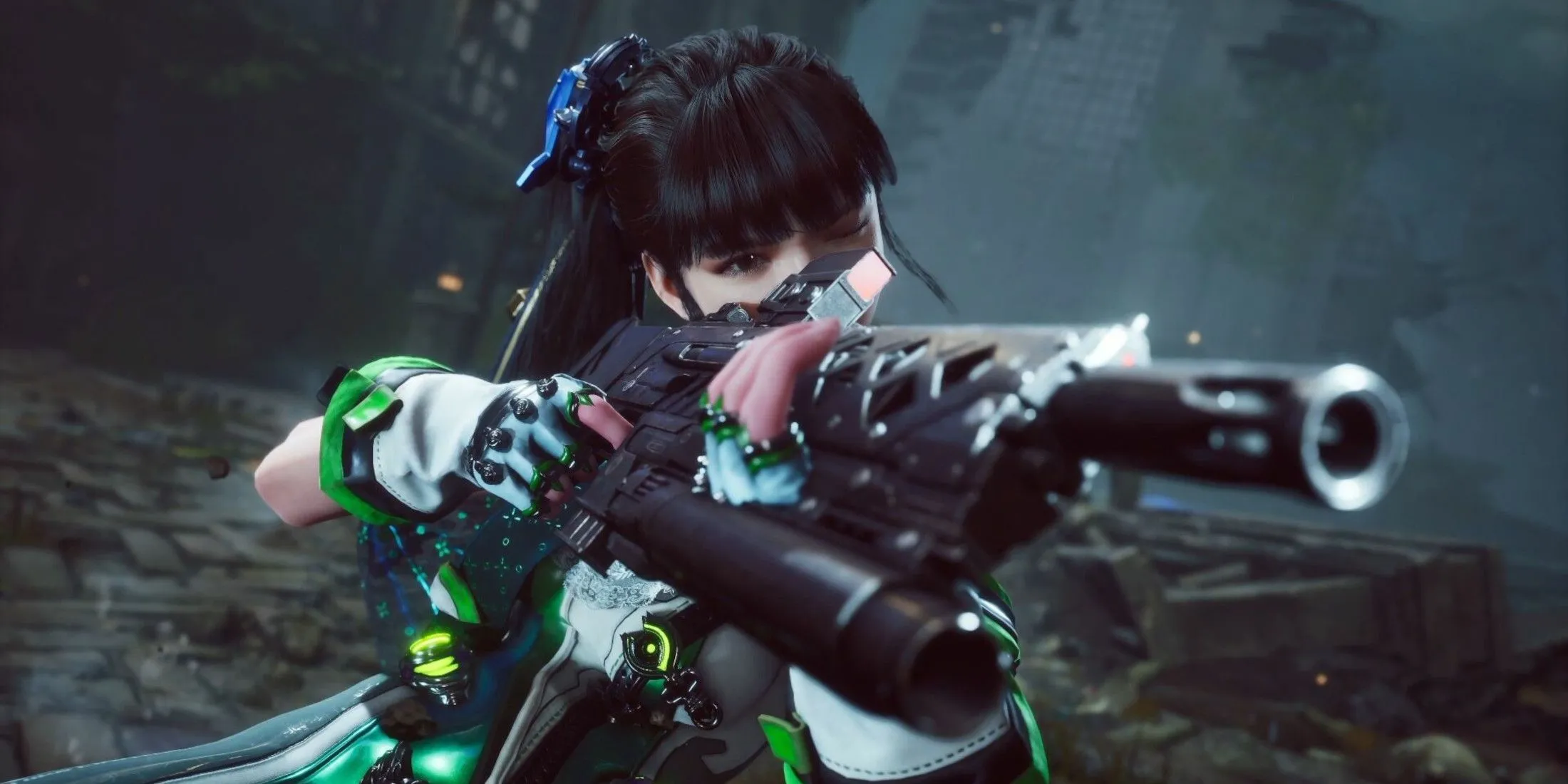 Nữ chiến binh Eve trong game Stellar Blade cầm súng, minh họa cho chiến lược port game của PlayStation.