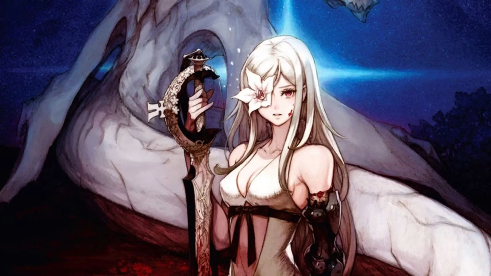 Nữ nhân vật chính Zero trong Drakengard 3 cầm kiếm lớn, với bông hoa đặc trưng che một bên mắt, toát lên vẻ bí ẩn và mạnh mẽ.