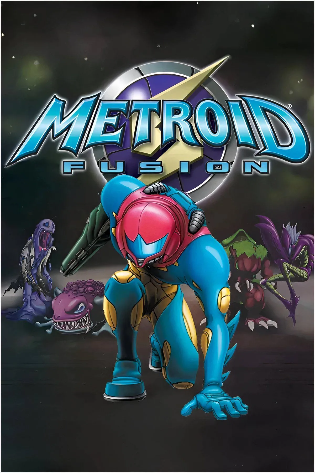 Nữ thợ săn tiền thưởng Samus Aran trong bộ giáp của Metroid Fusion trên Game Boy Advance.