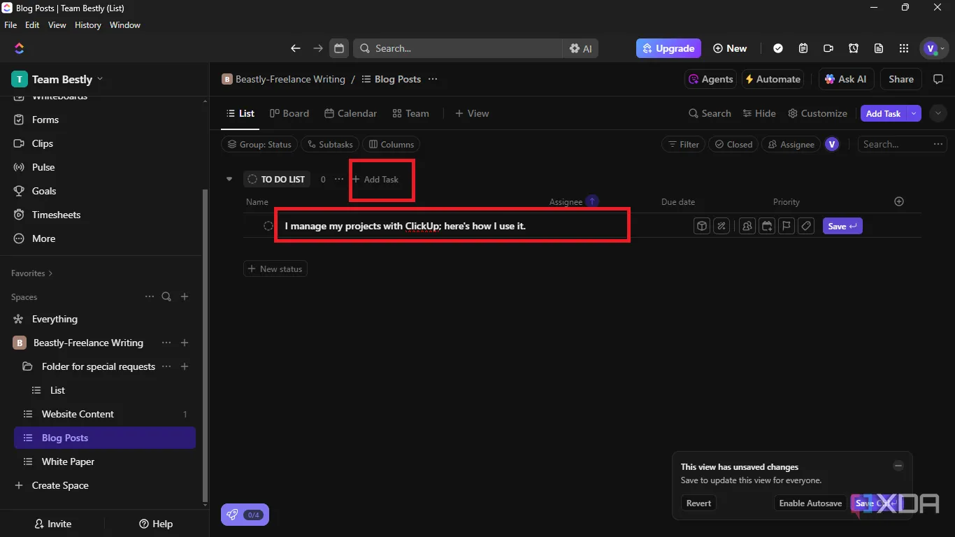 Nút 'Add Task' để thêm tác vụ mới vào danh sách công việc trong ClickUp