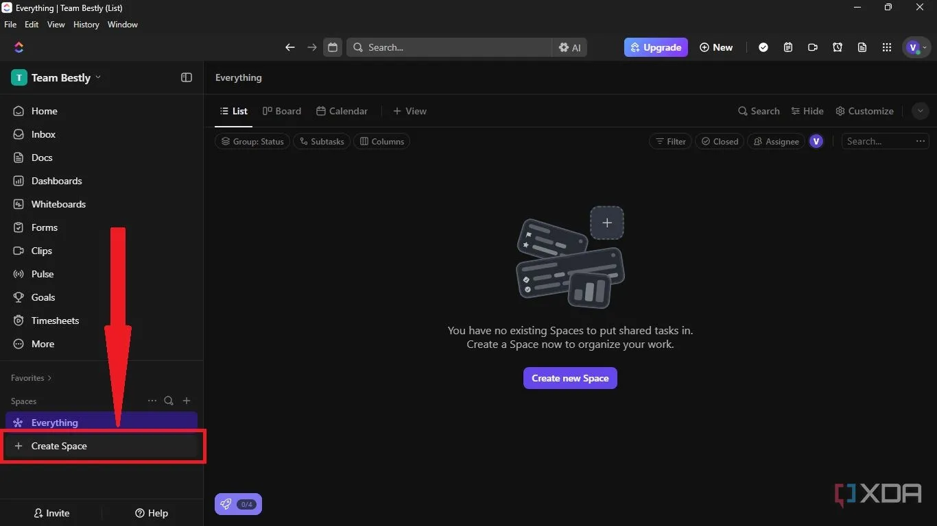 Nút 'Create Space' trên thanh công cụ bên trái giao diện ClickUp, dùng để tạo không gian làm việc mới