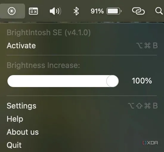 Nút kích hoạt Brightintosh từ thanh menu của MacBook Pro