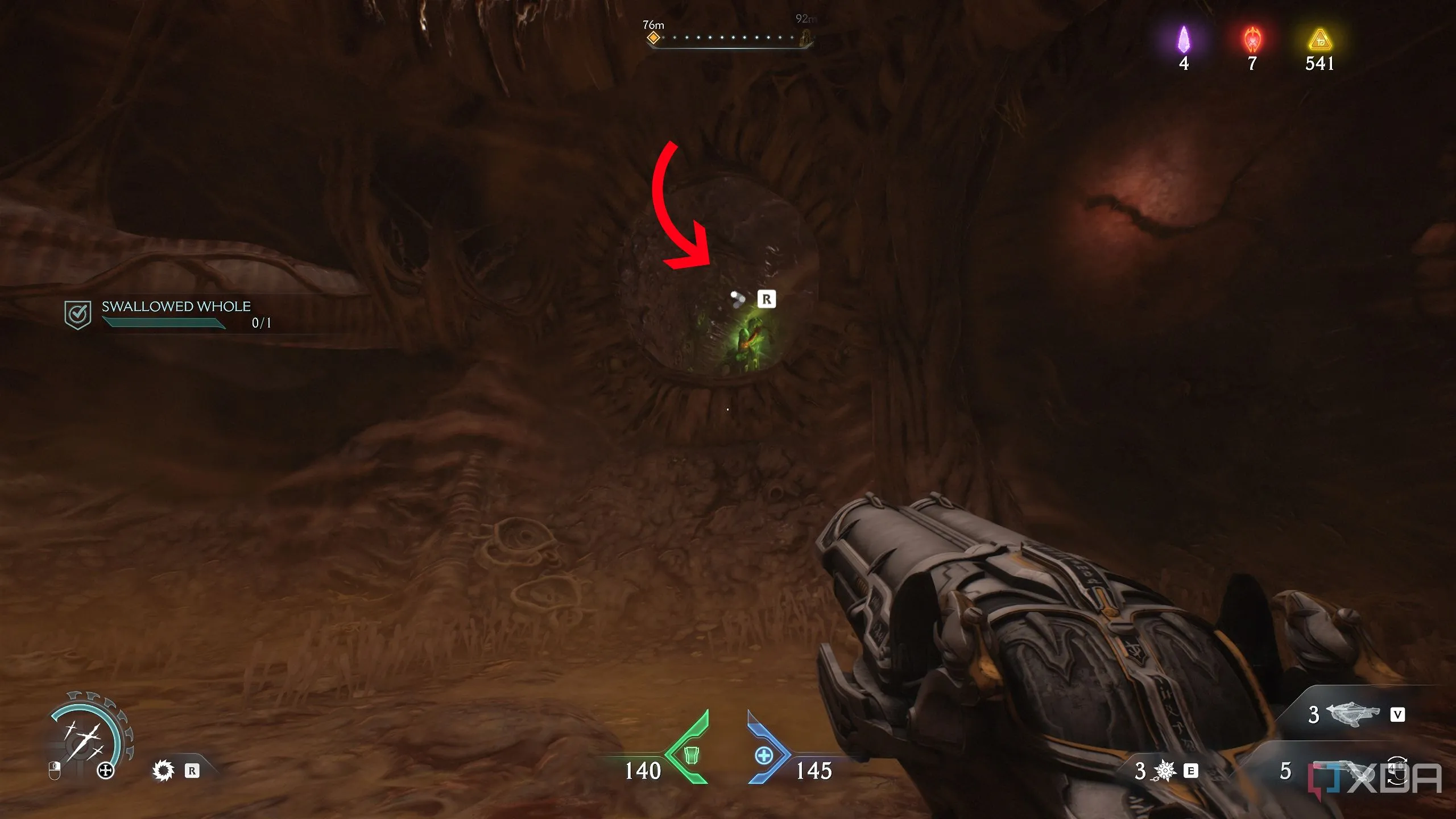 Nút thịt xanh ở trên cao, cần dùng Shield Recall Jump để tiếp cận.