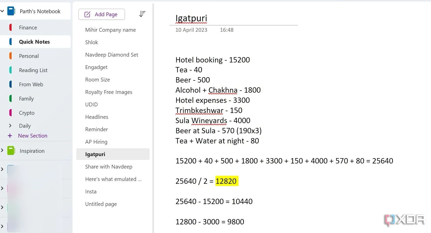 OneNote thực hiện các phép tính toán học cơ bản trực tiếp trong ghi chú
