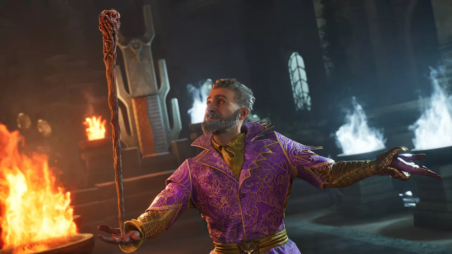 Pháp sư cầm trượng giữa hiệu ứng phép thuật lửa và băng trong Oblivion Remastered