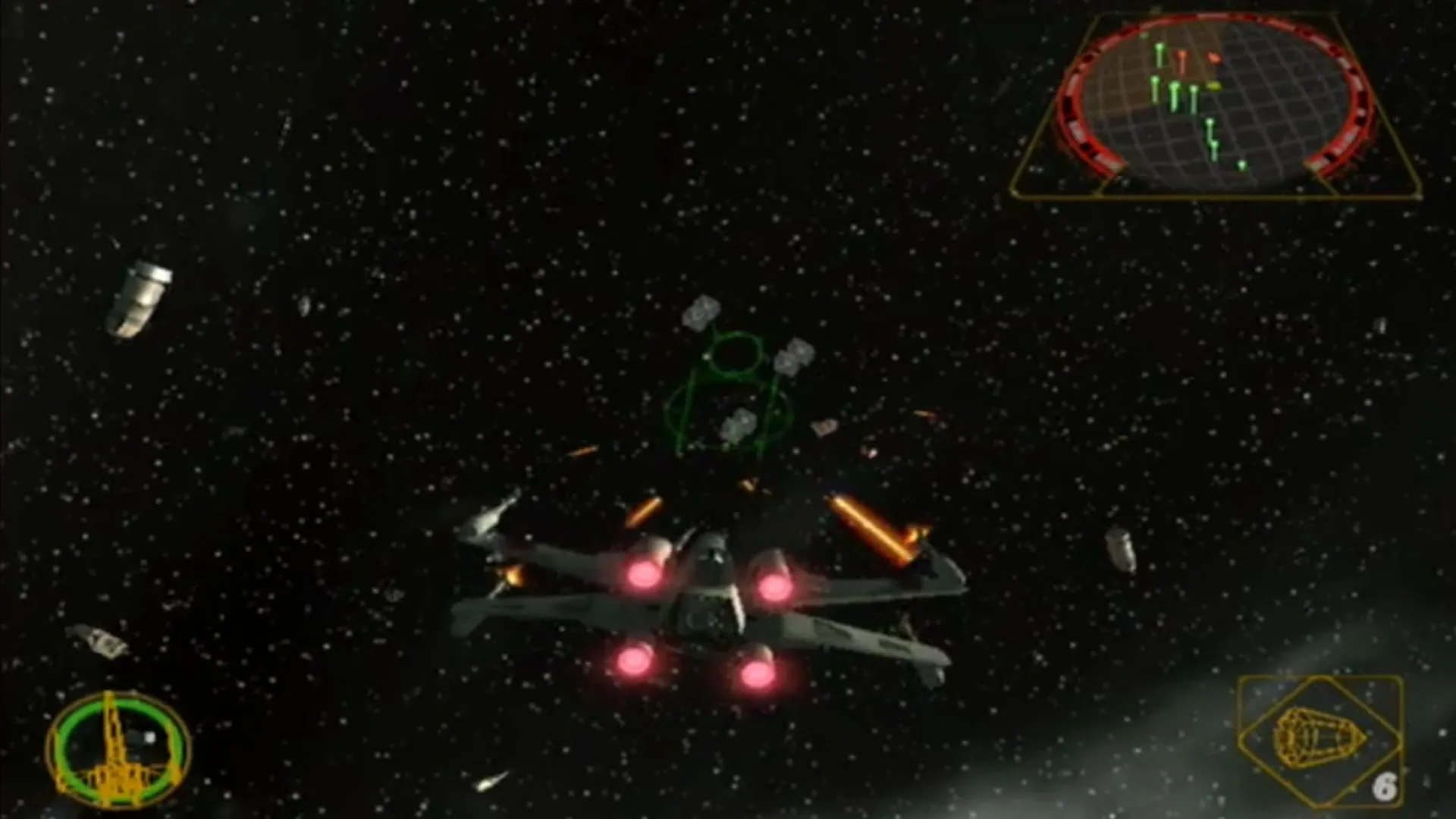 Phi đội X-Wing của phe Nổi dậy giao chiến với các phi cơ TIE Fighter của Đế chế trong trận chiến không gian kịch tính của game Star Wars Rogue Squadron 2: Rogue Leader.