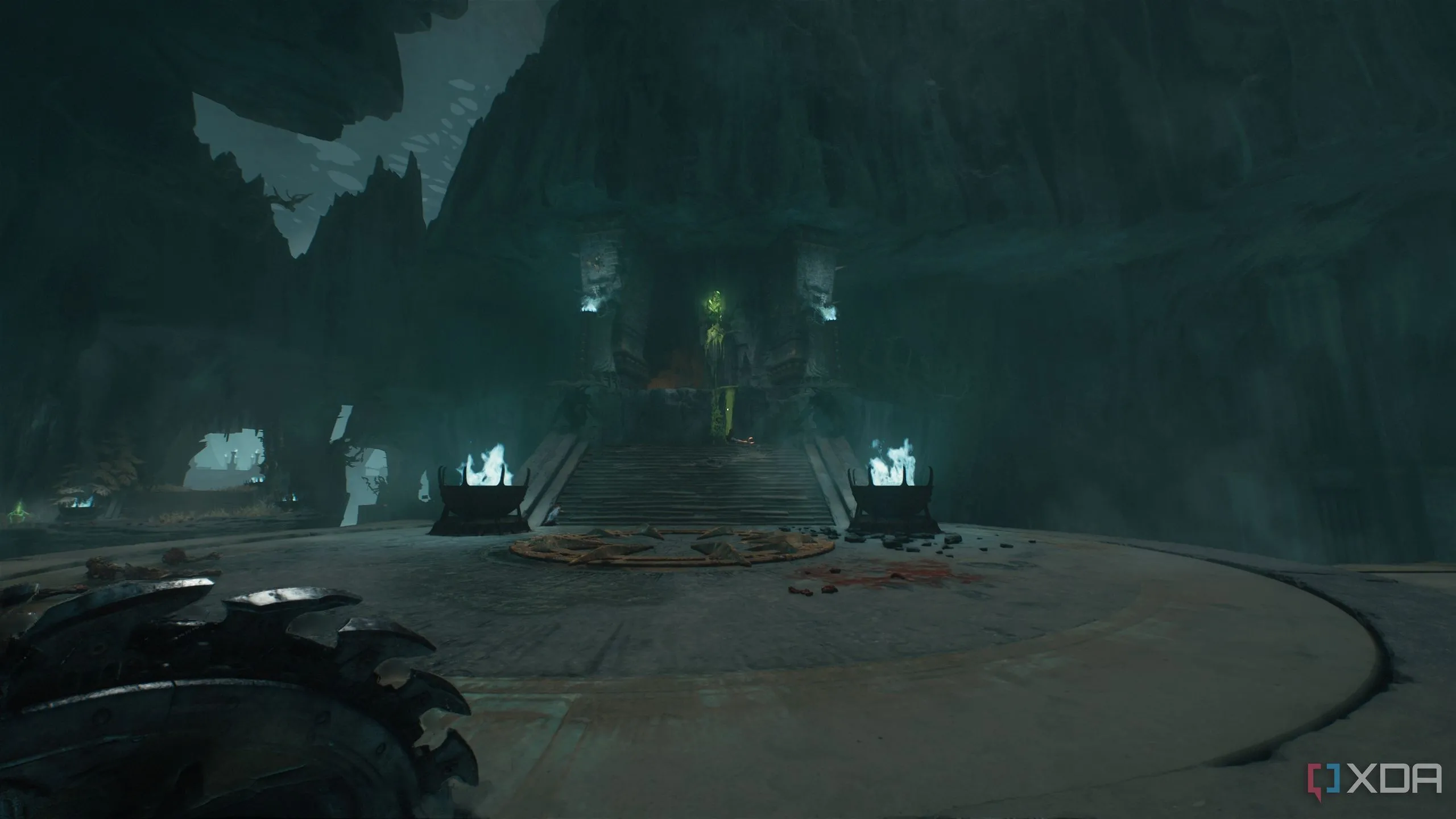 Platform tròn trung tâm với nút thịt xanh (green flesh node) từ xa trong Chương 19 Doom The Dark Ages
