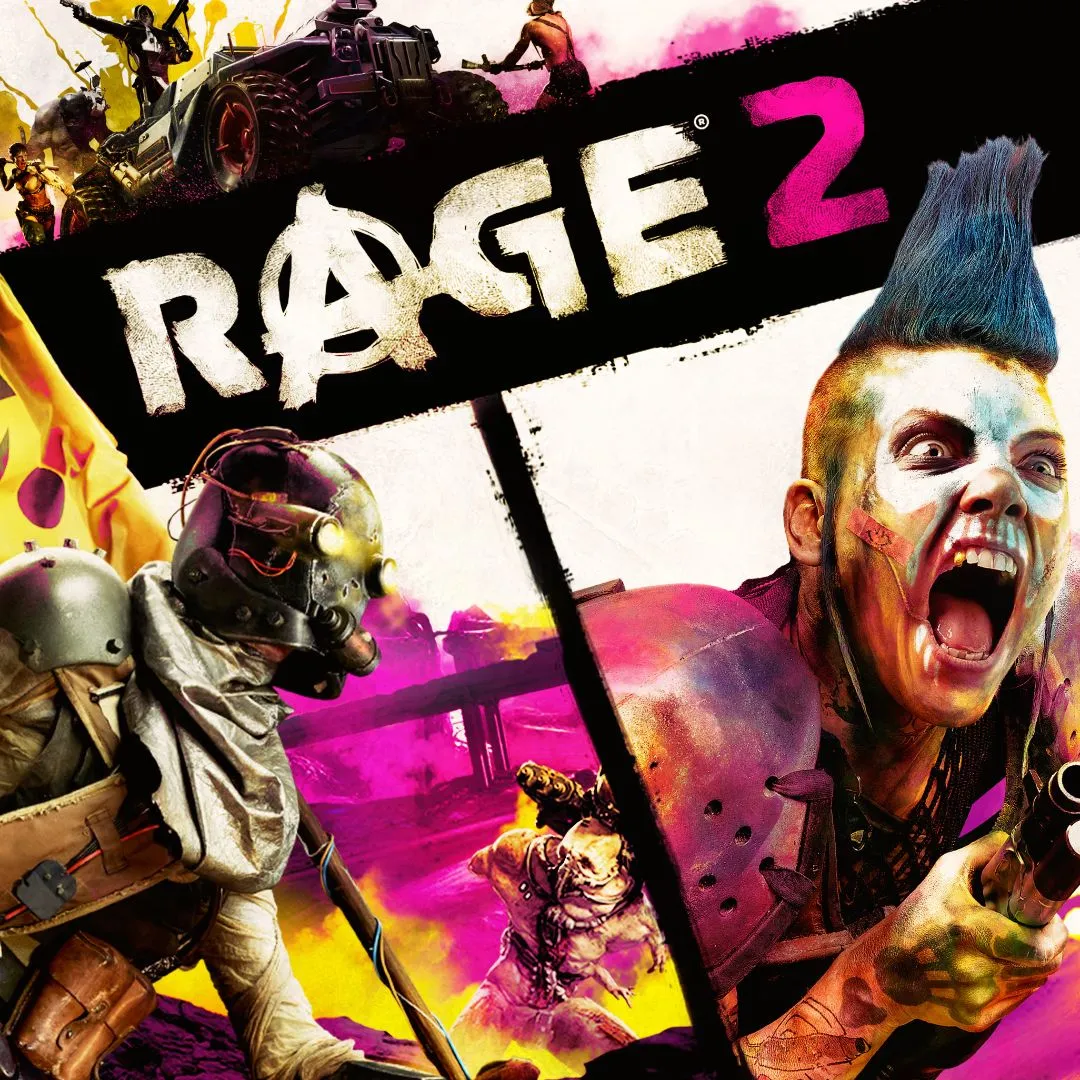 Poster chính thức của game Rage 2, thể hiện phong cách hành động hỗn loạn và thế giới hậu tận thế.
