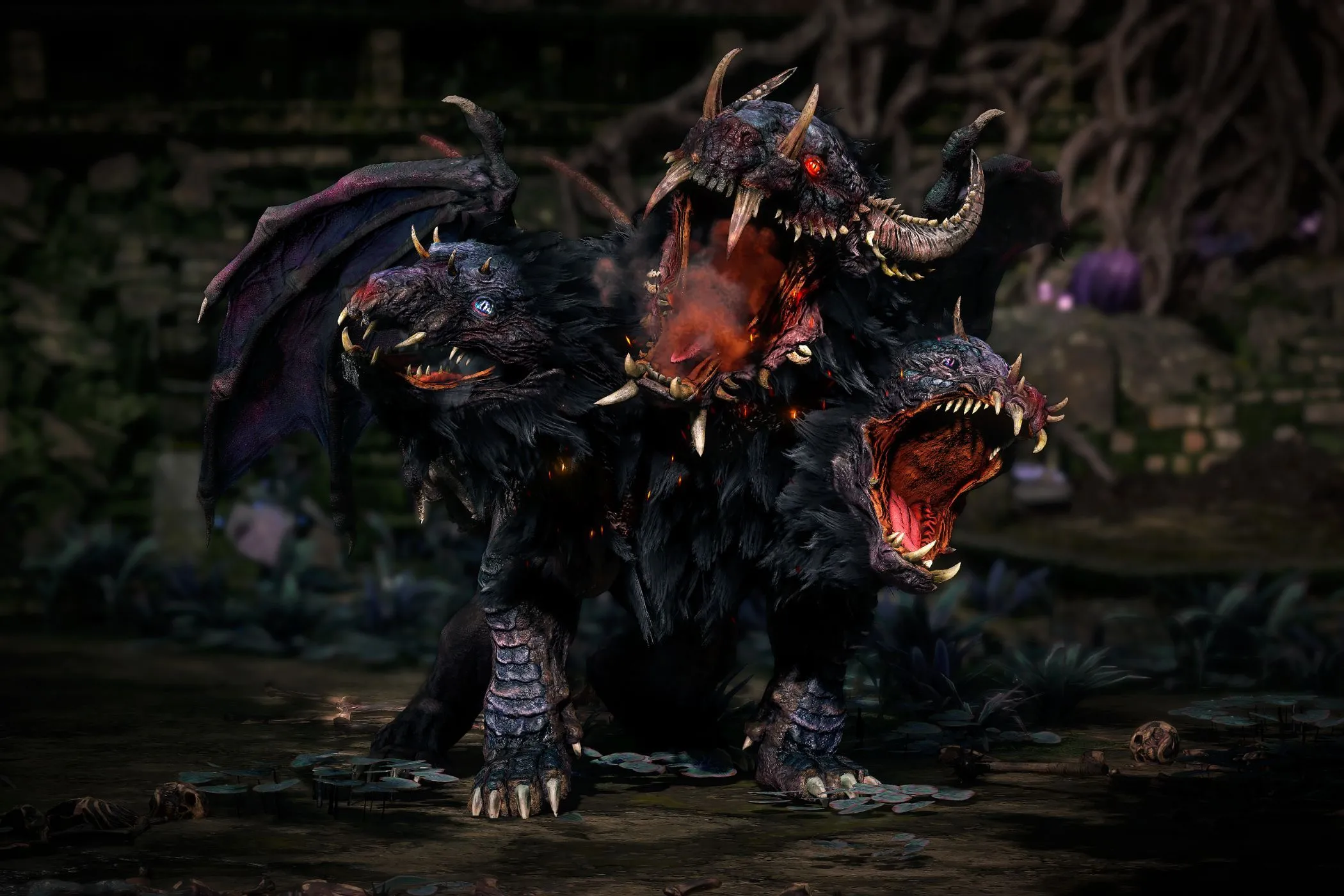 Quái vật Cerberus ba đầu trong Path of Exile 2 gầm gừ, tượng trưng cho cộng đồng ARPG sôi động