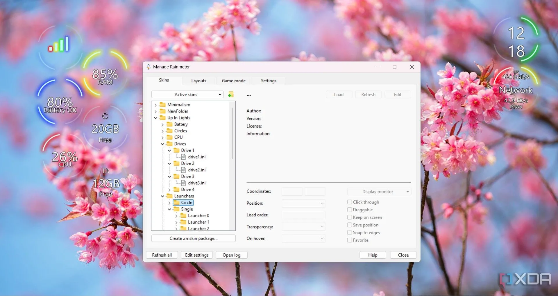 Rainmeter hiển thị thông số tài nguyên hệ thống như CPU và RAM trực tiếp trên màn hình nền Windows 11.