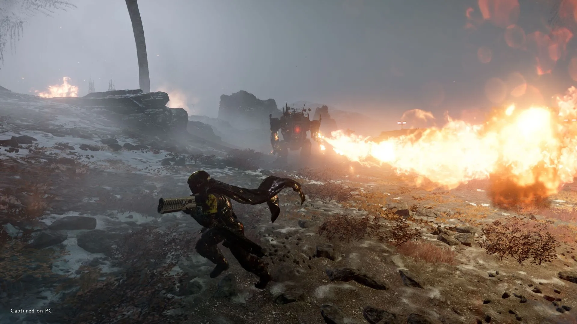 Robot chiến đấu Mech của Helldivers 2 phun lửa mạnh mẽ vào kẻ thù