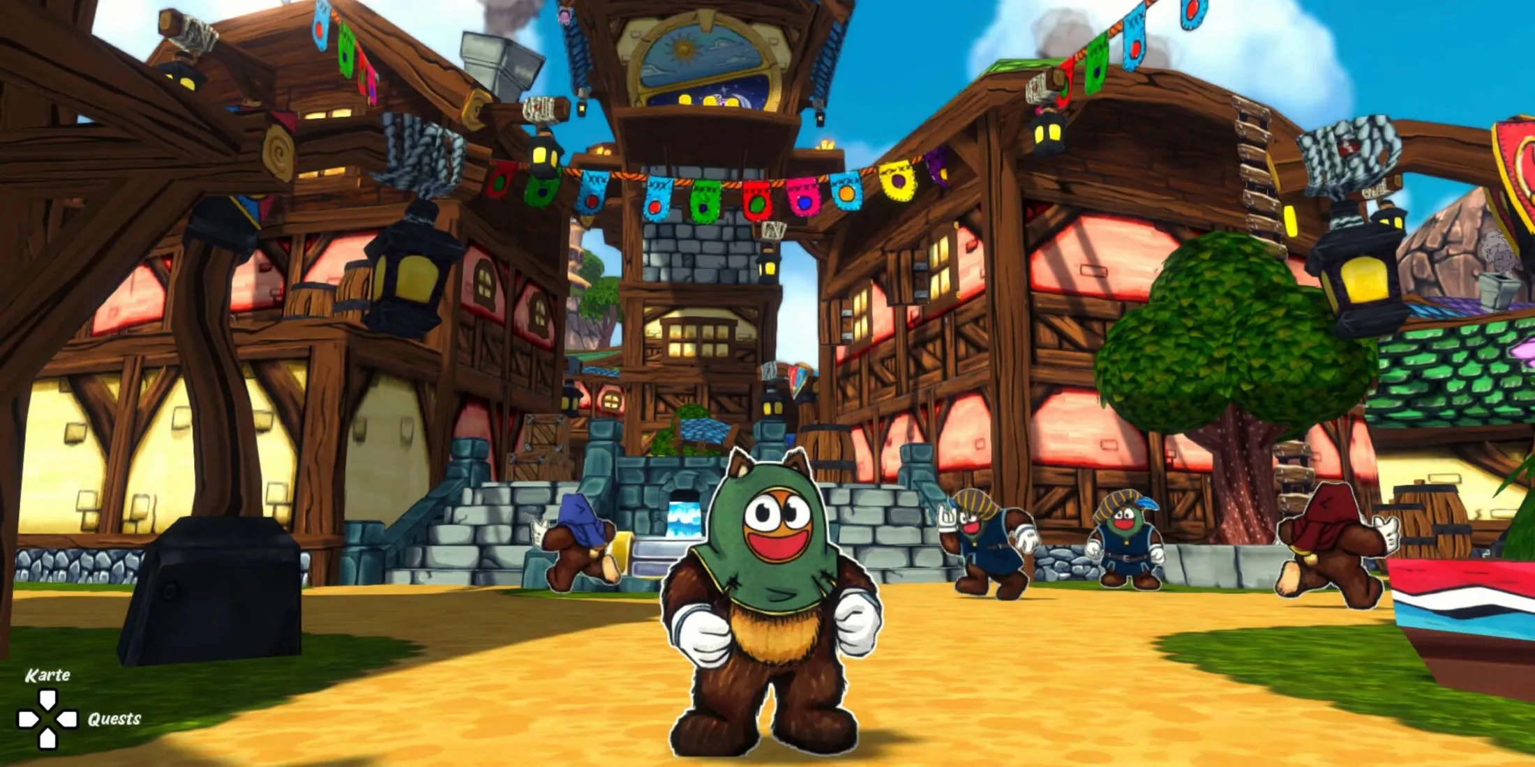 Ruffy và Pip đứng trước một ngôi làng đầy màu sắc trong game Ruffy and the Riverside