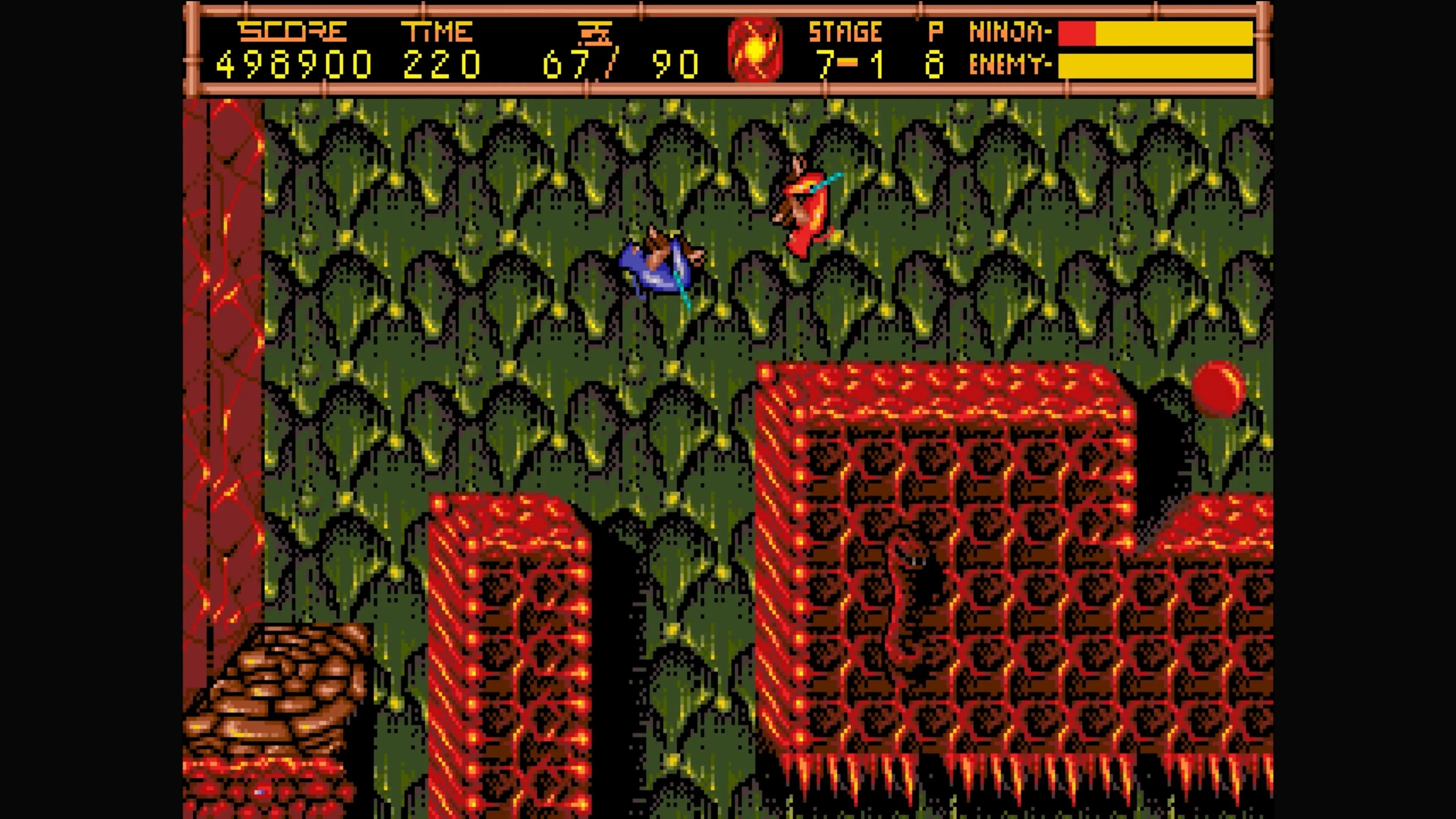 Ryu Hayabusa đang nhảy qua các chướng ngại vật trong một khu rừng rậm trong Ninja Gaiden II.