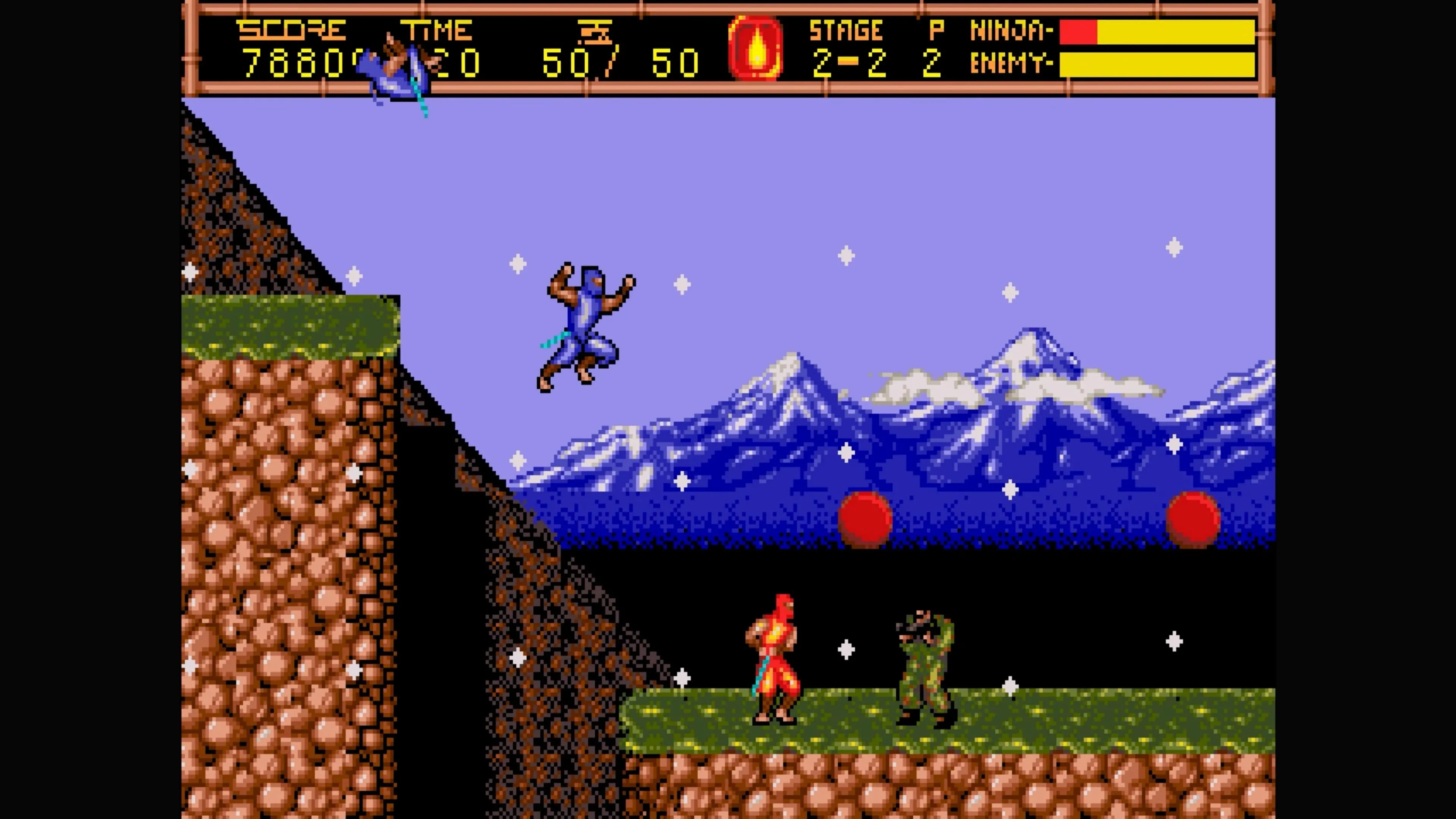 Ryu Hayabusa nhảy khỏi một vách đá trong Ninja Gaiden II: The Dark Sword of Chaos.