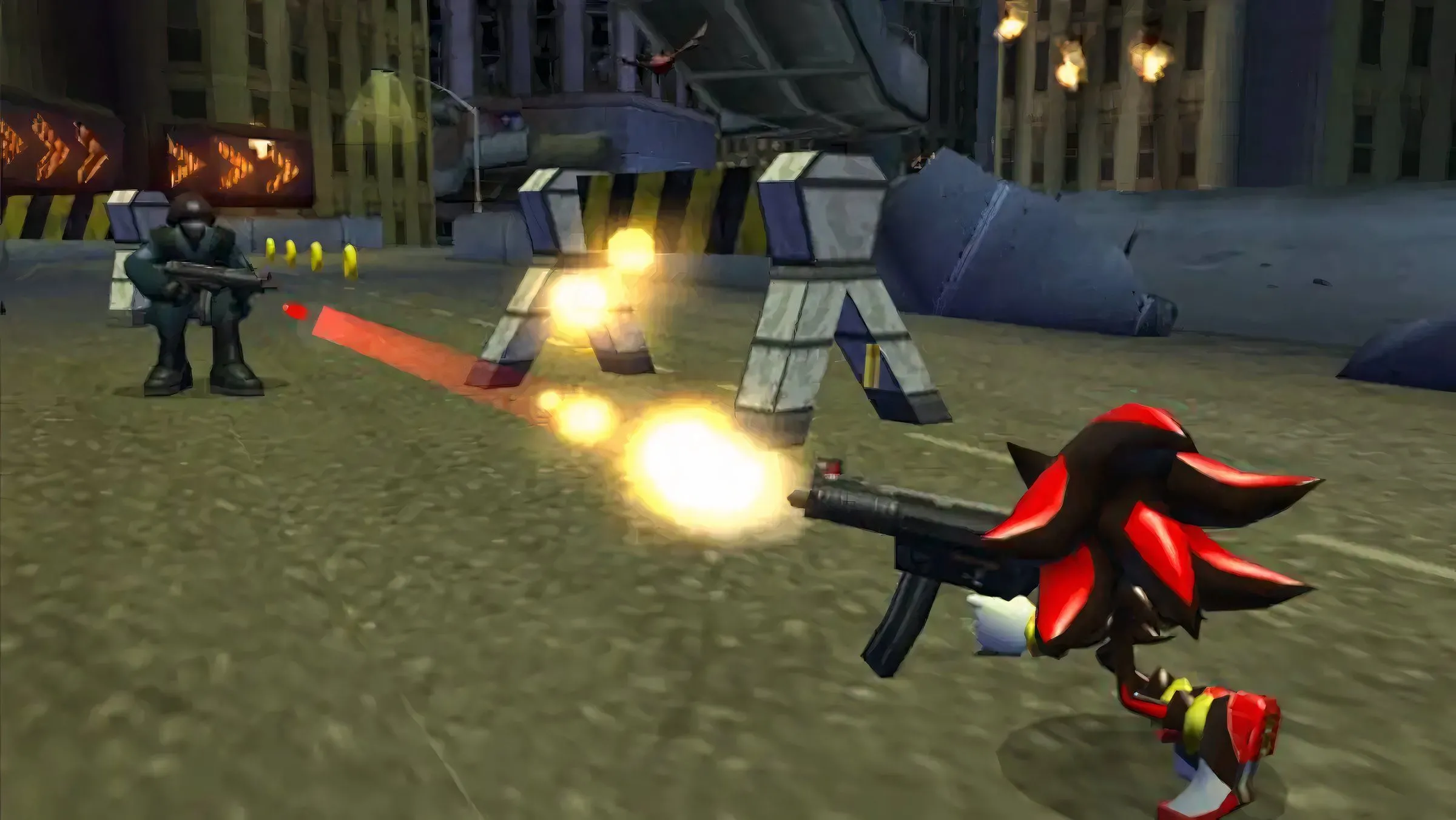 Shadow the Hedgehog cầm súng trong một cảnh hành động