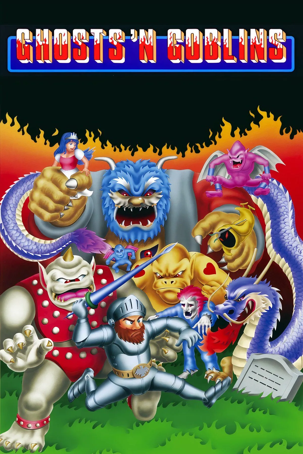 Sir Arthur chiến đấu với quái vật trong lâu đài ở game Ghosts 'n Goblins cổ điển.