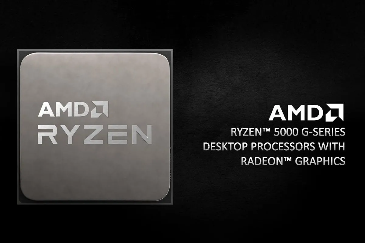 Slide trình chiếu giới thiệu dòng chip AMD Ryzen 5000G của AMD, nhấn mạnh hiệu năng đồ họa tích hợp và lợi ích cho người dùng không cần GPU rời.