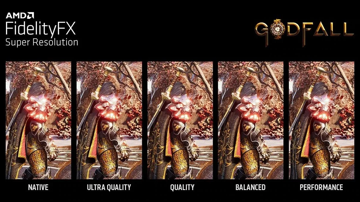 So sánh chất lượng hình ảnh game Godfall với các cấp độ FSR của AMD, thể hiện công nghệ nâng cấp hình ảnh GPU